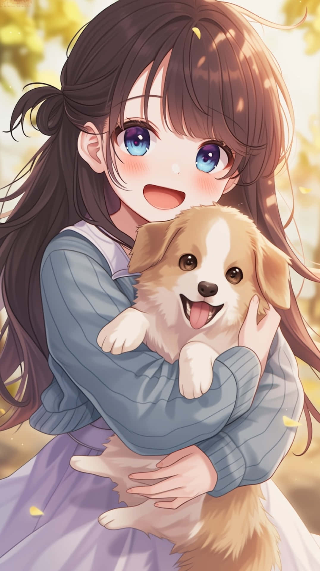 Anime Girland Happy Puppy Background