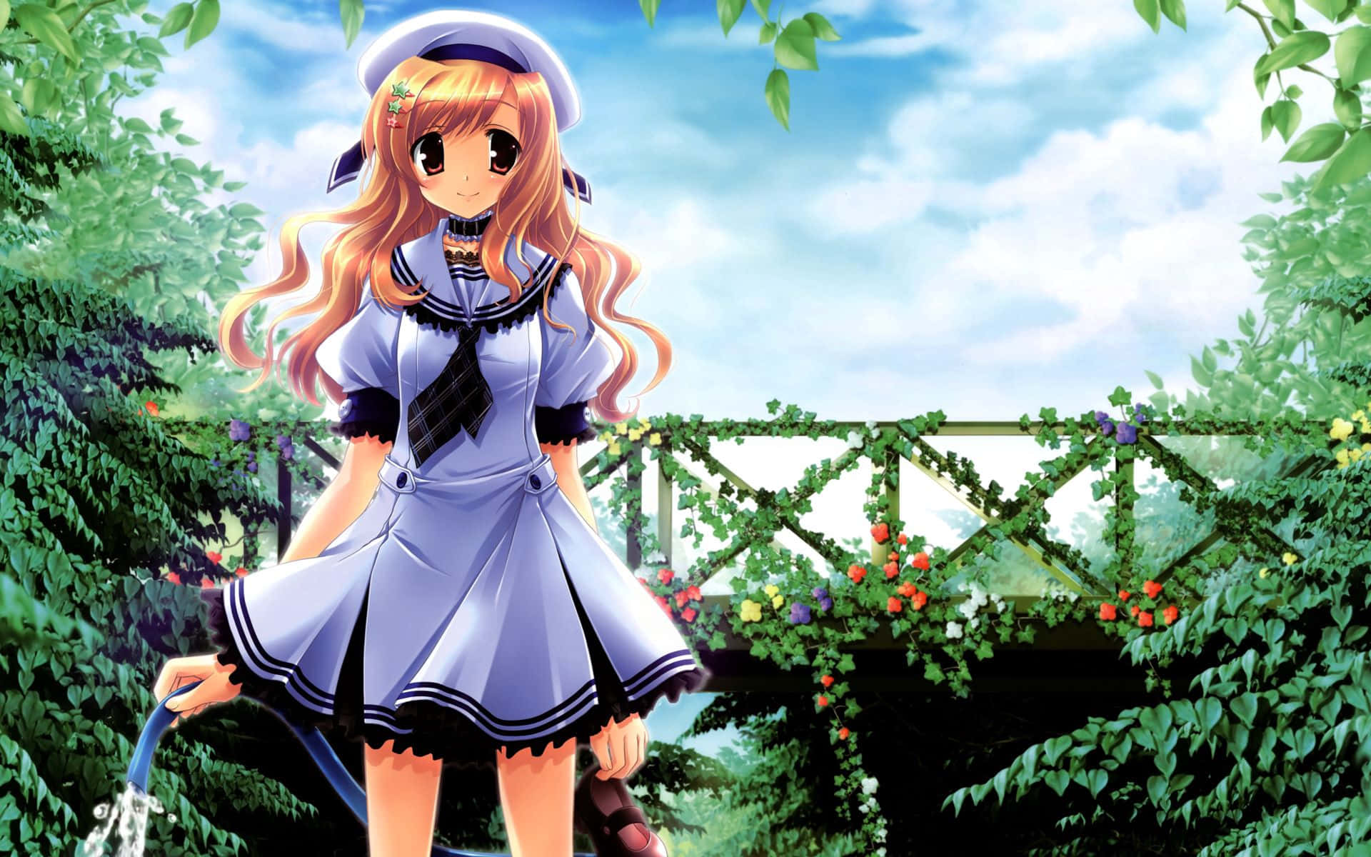 Anime Girlin Garden Serenity Background