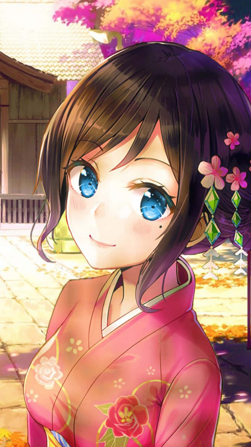 Anime Girlin Kimono Smiling Background