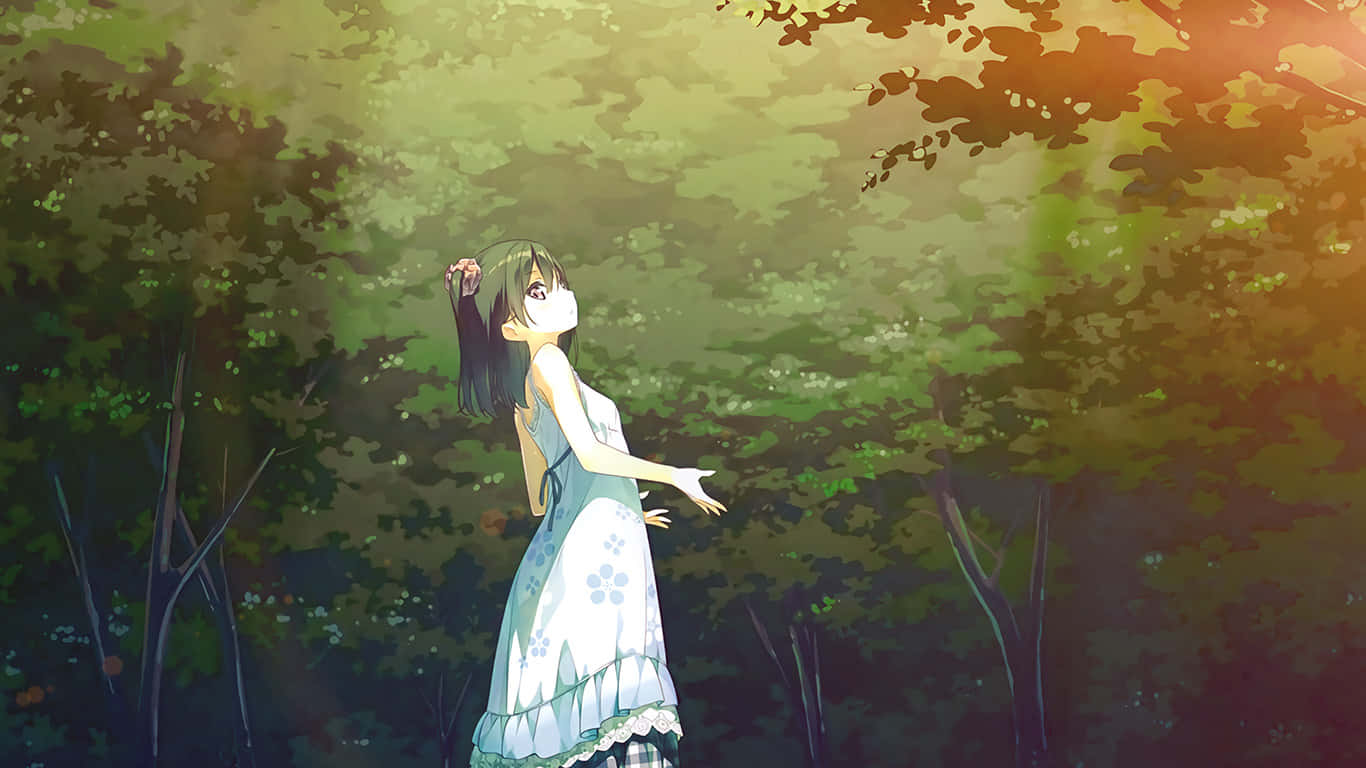 Anime Girlin Sunlit Forest Background