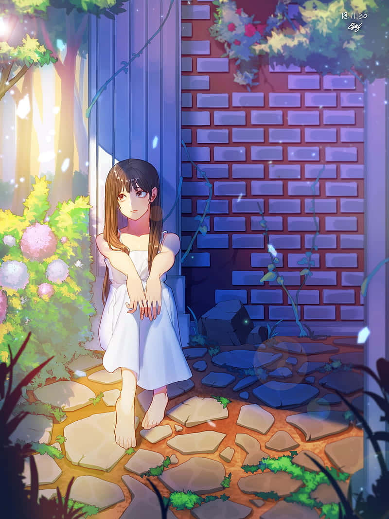Anime Girlin Sunlit Garden Background
