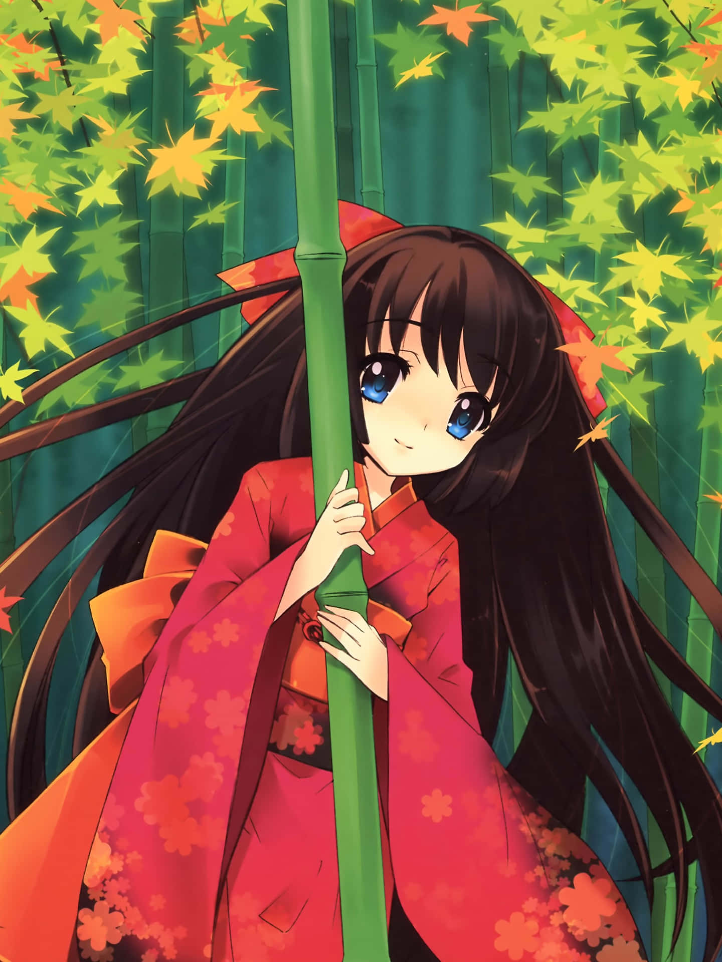 Anime Girlin Traditional Red Kimono Background
