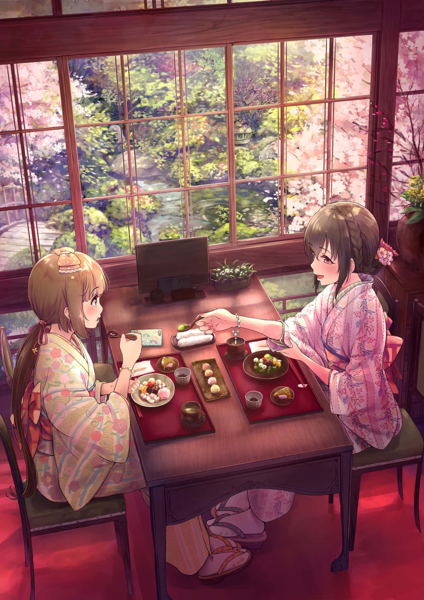 Anime Girls At A Cafe Background