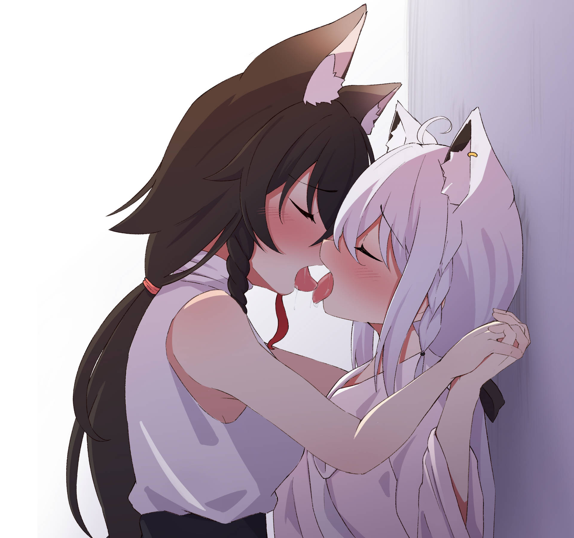 Anime Girls Kissing On Wall Background