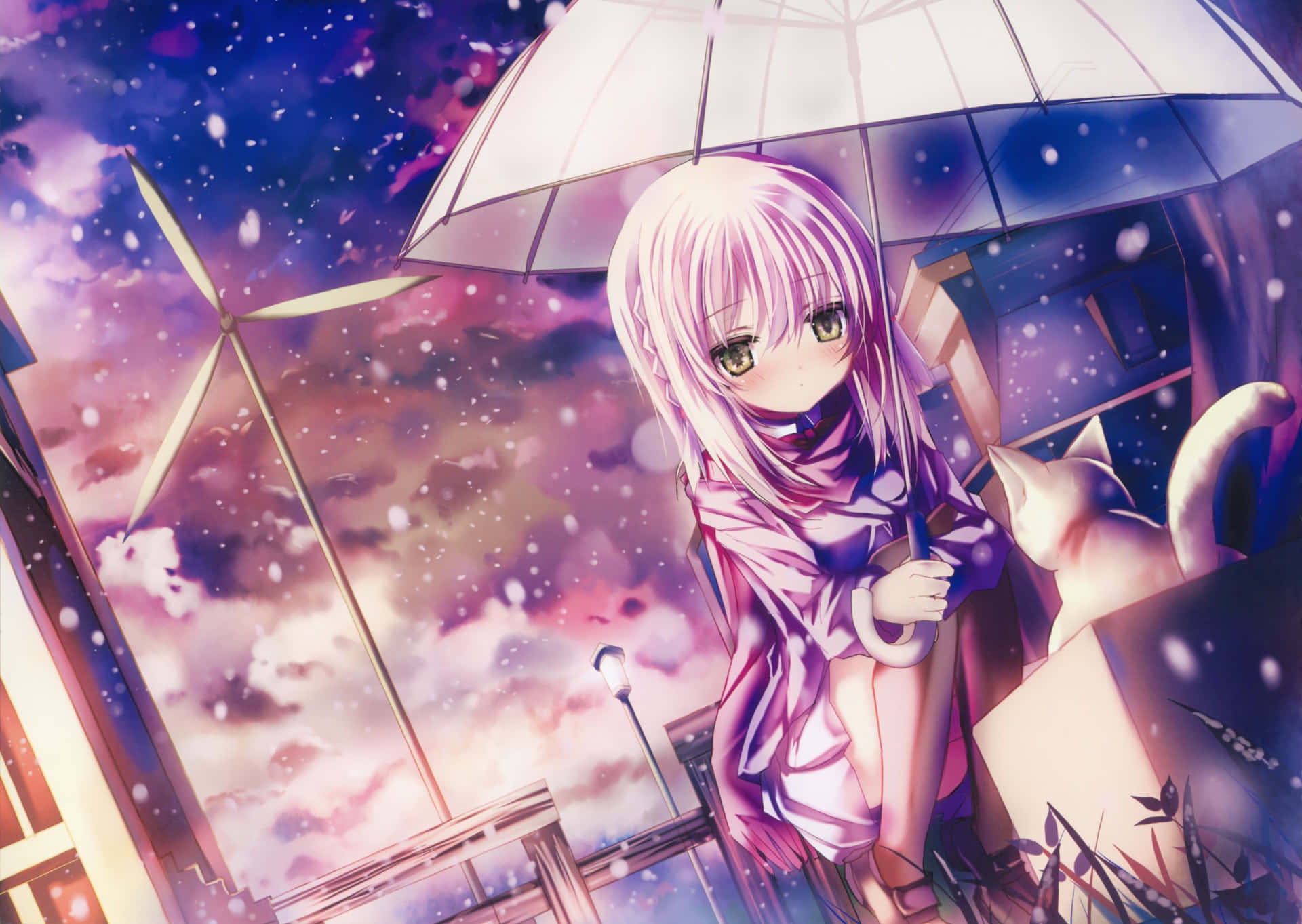 Anime Girlwith Umbrellaand Cat Background
