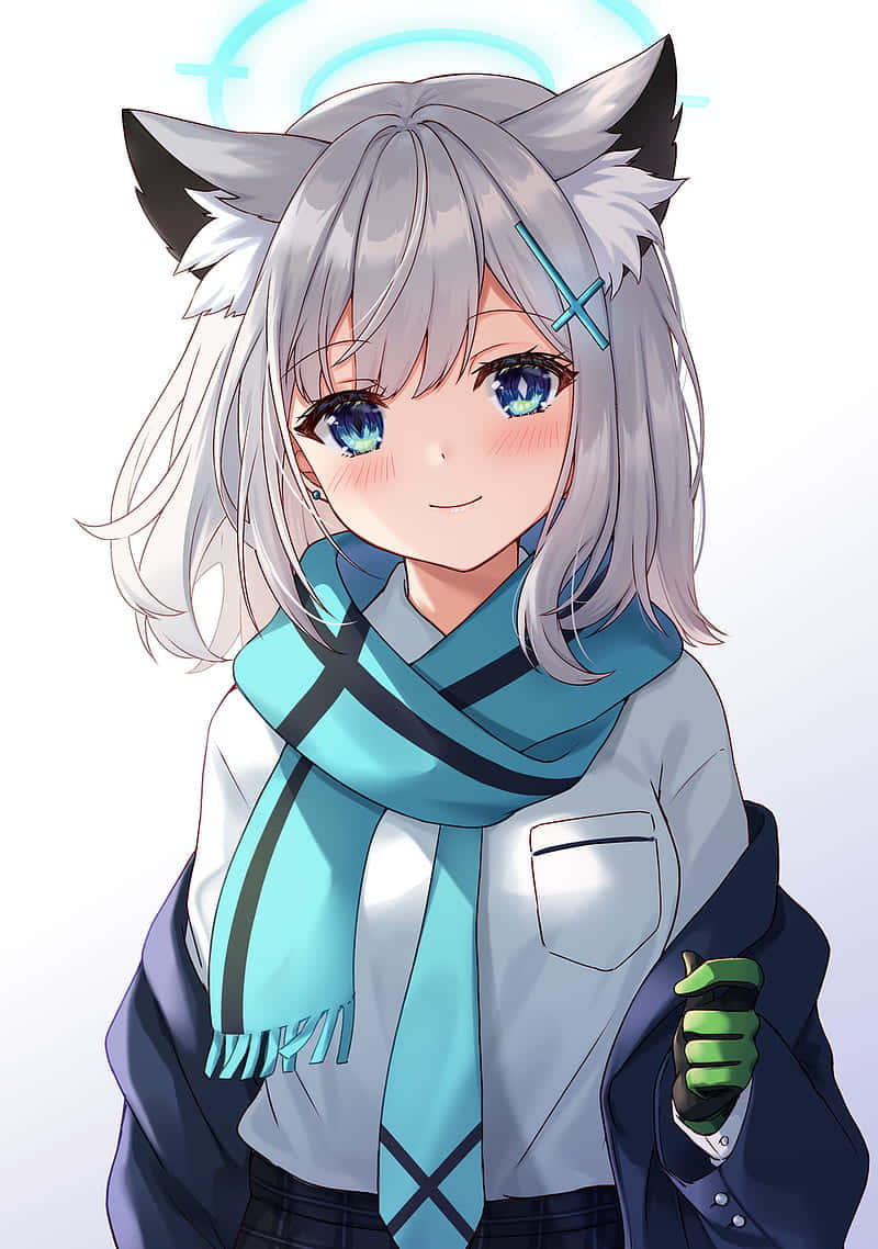 Anime Girlwith Wolf Earsand Blue Scarf Background