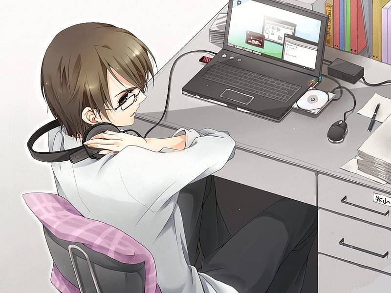 Anime Guy Holds His Headphones While Working On Laptop Background