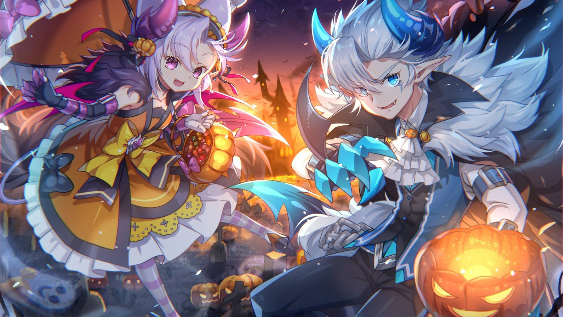 Anime Halloween Boy Elf Witch Girl Background