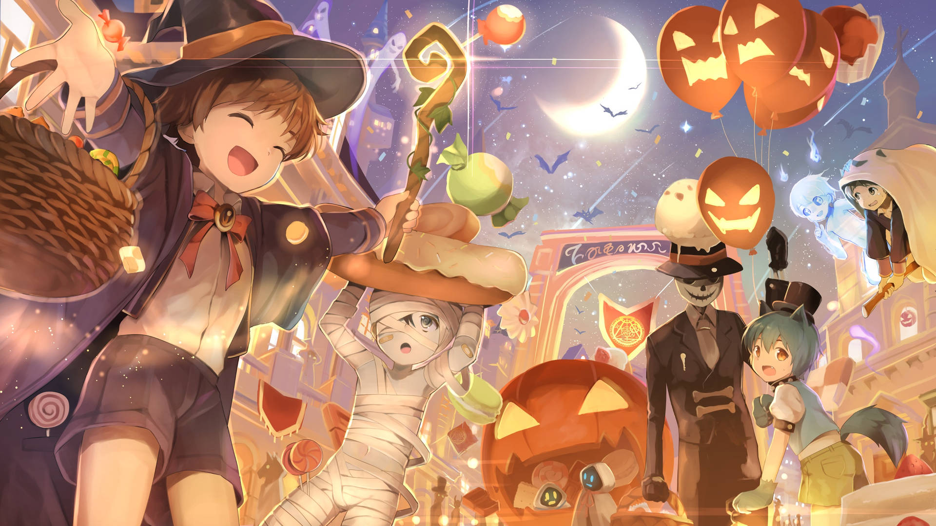 Anime Halloween Characters Trick-or-treating Background