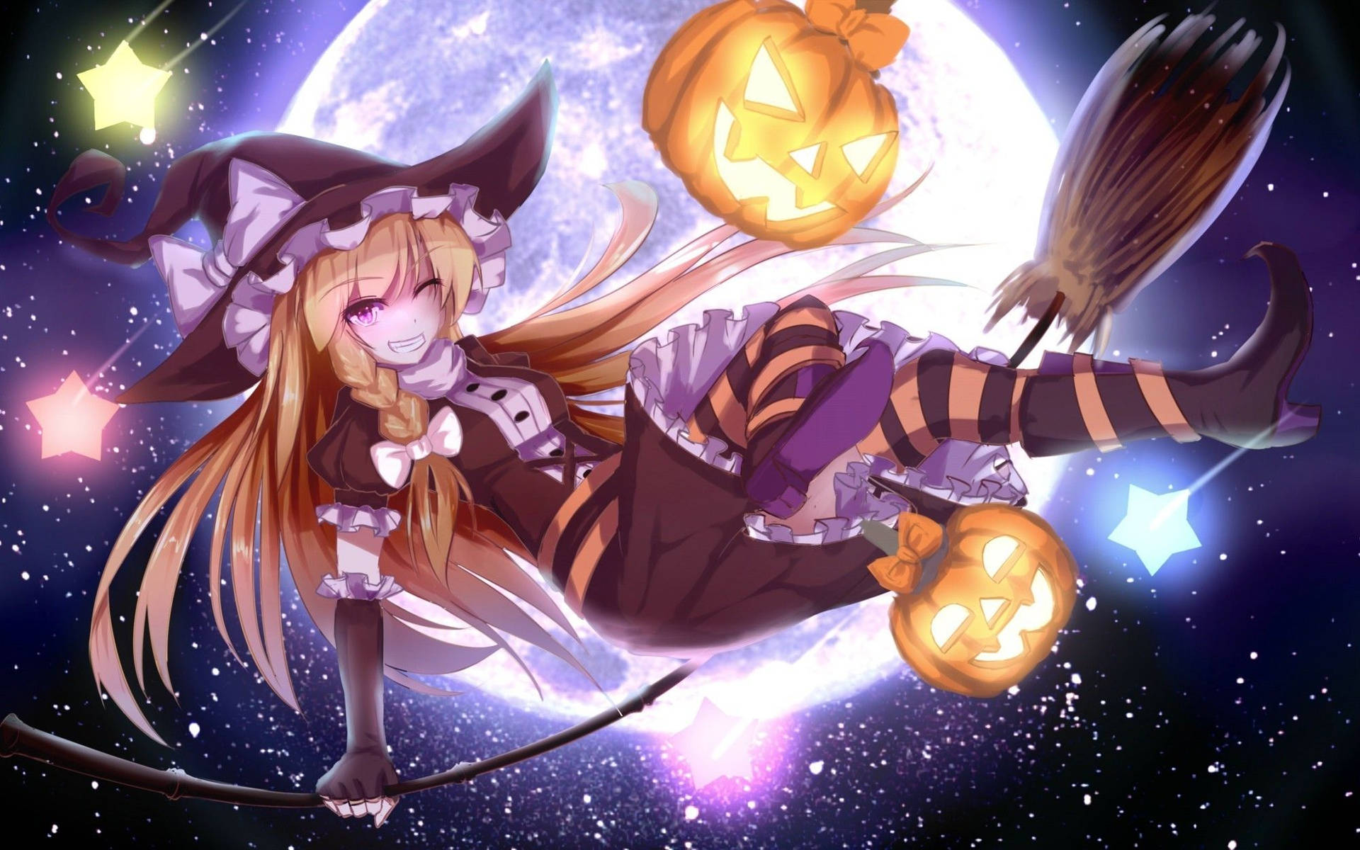 Anime Halloween Girl Flying On Broomstick Background