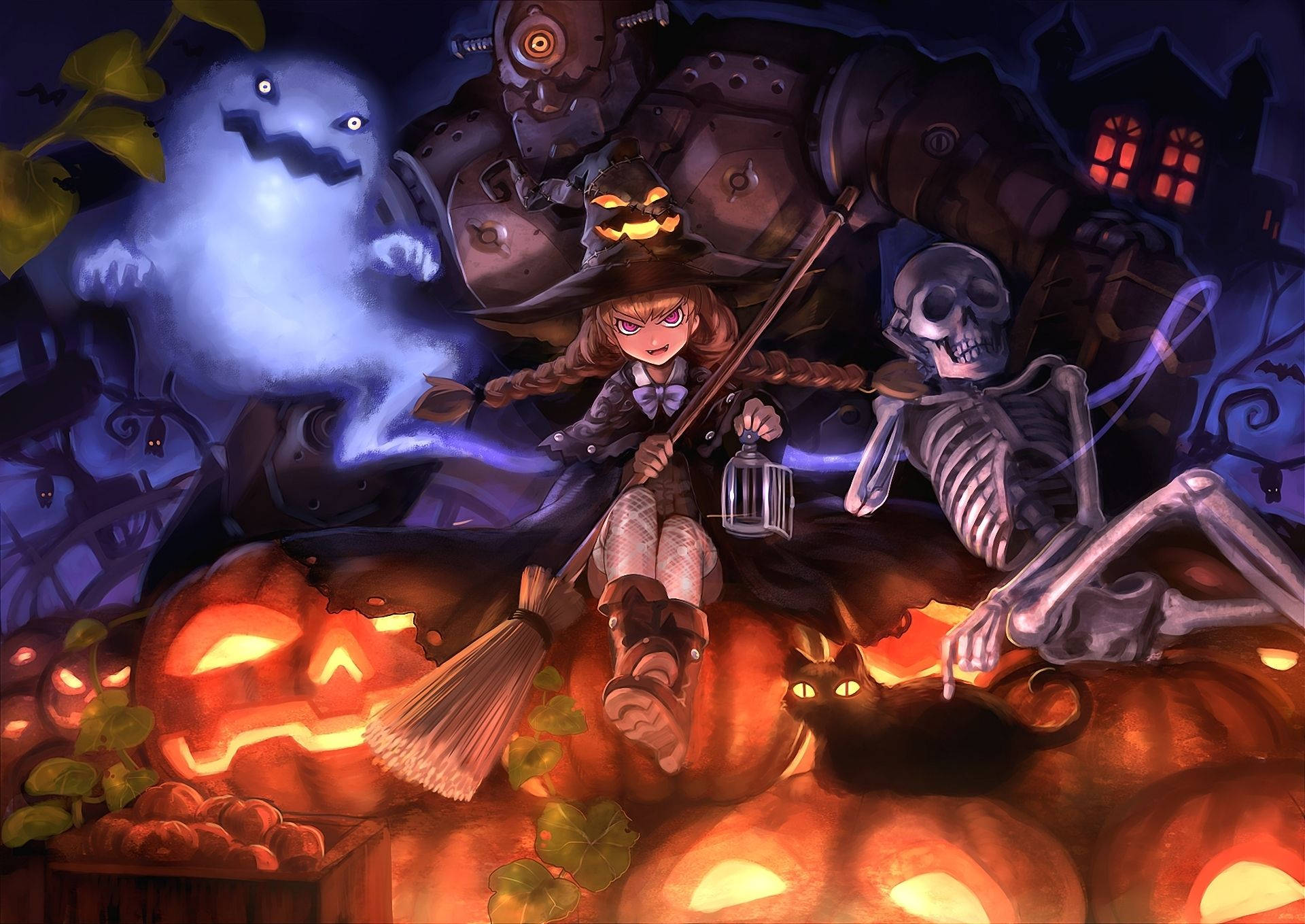 Anime Halloween Girl Hanging With Ghost, Skeleton, Robot Background