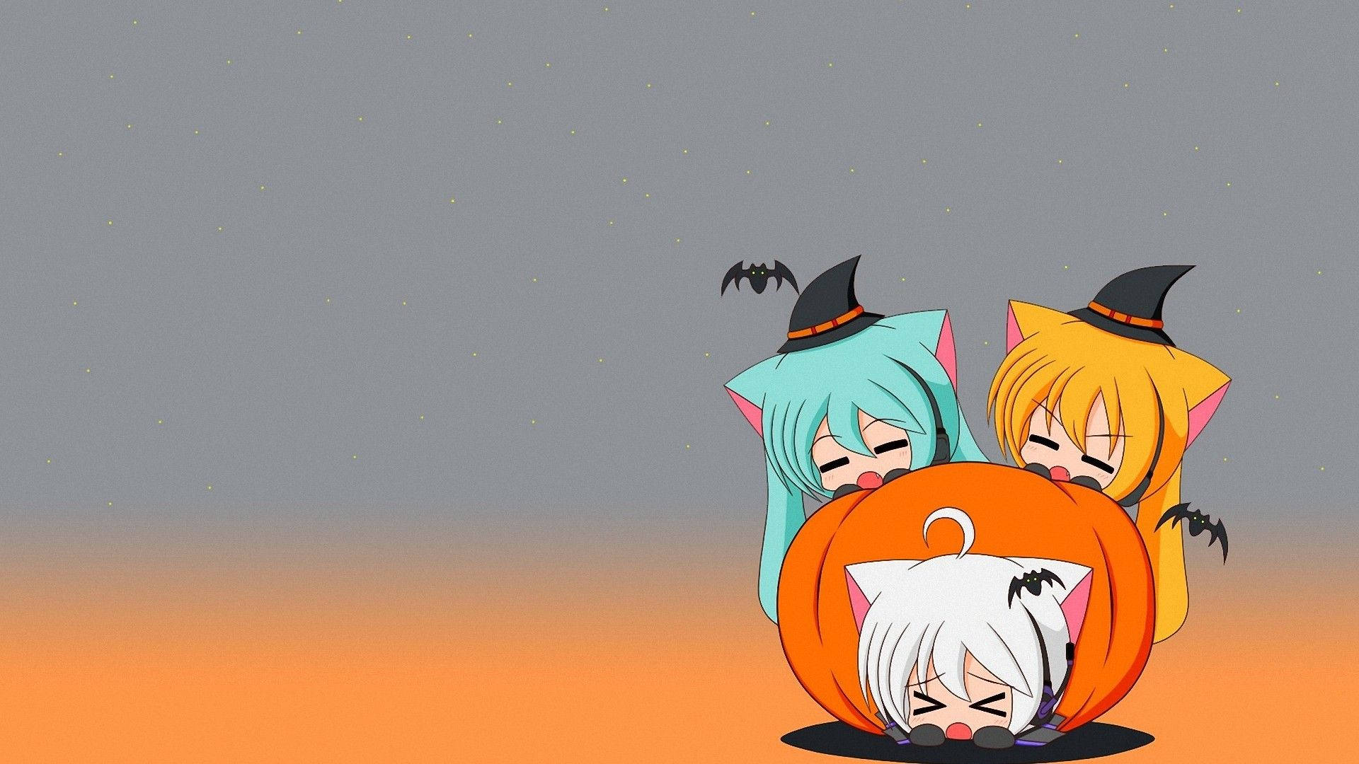 Anime Halloween Girls Squeezing Onto Pumpkin Background