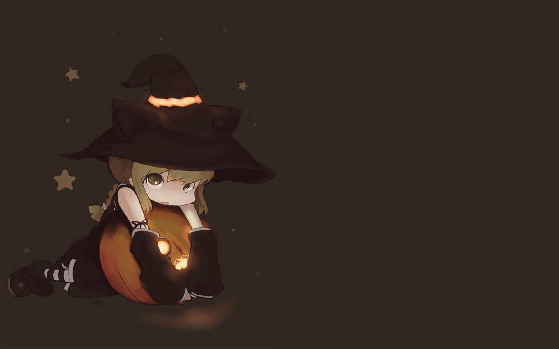 Anime Halloween Kawaii Girl Hugging Pumpkin Background