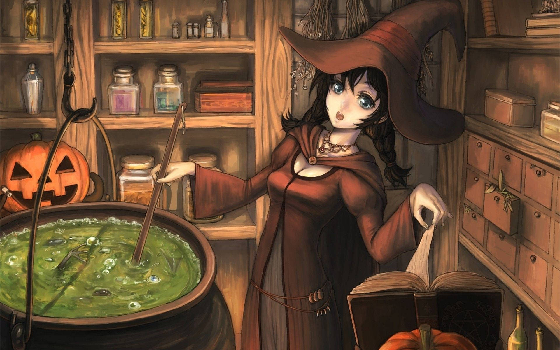 Anime Halloween Witch Brewing Potion Background