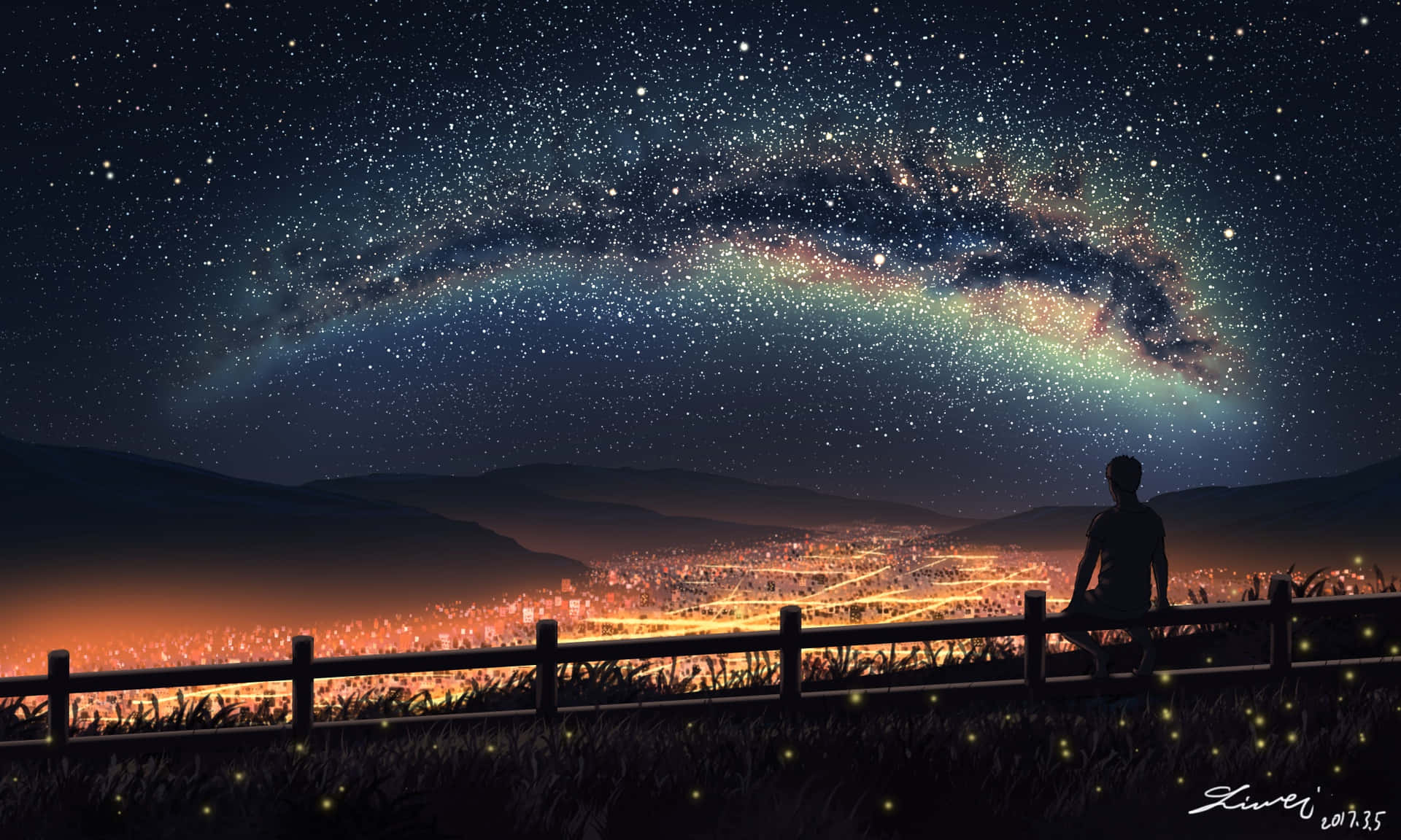 Anime Hill Night Scenery Background
