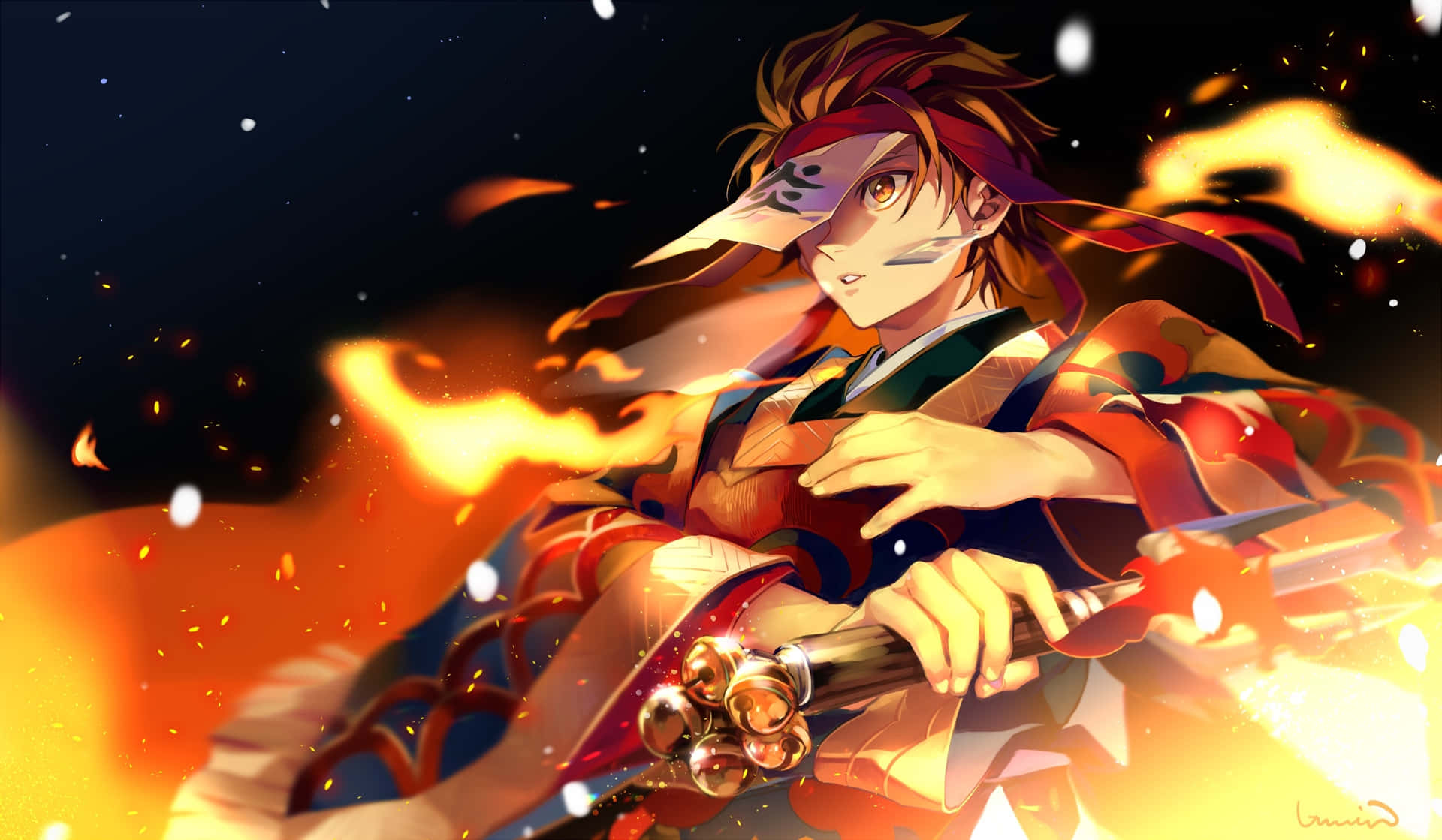 Anime Holding Sword With Fire Background