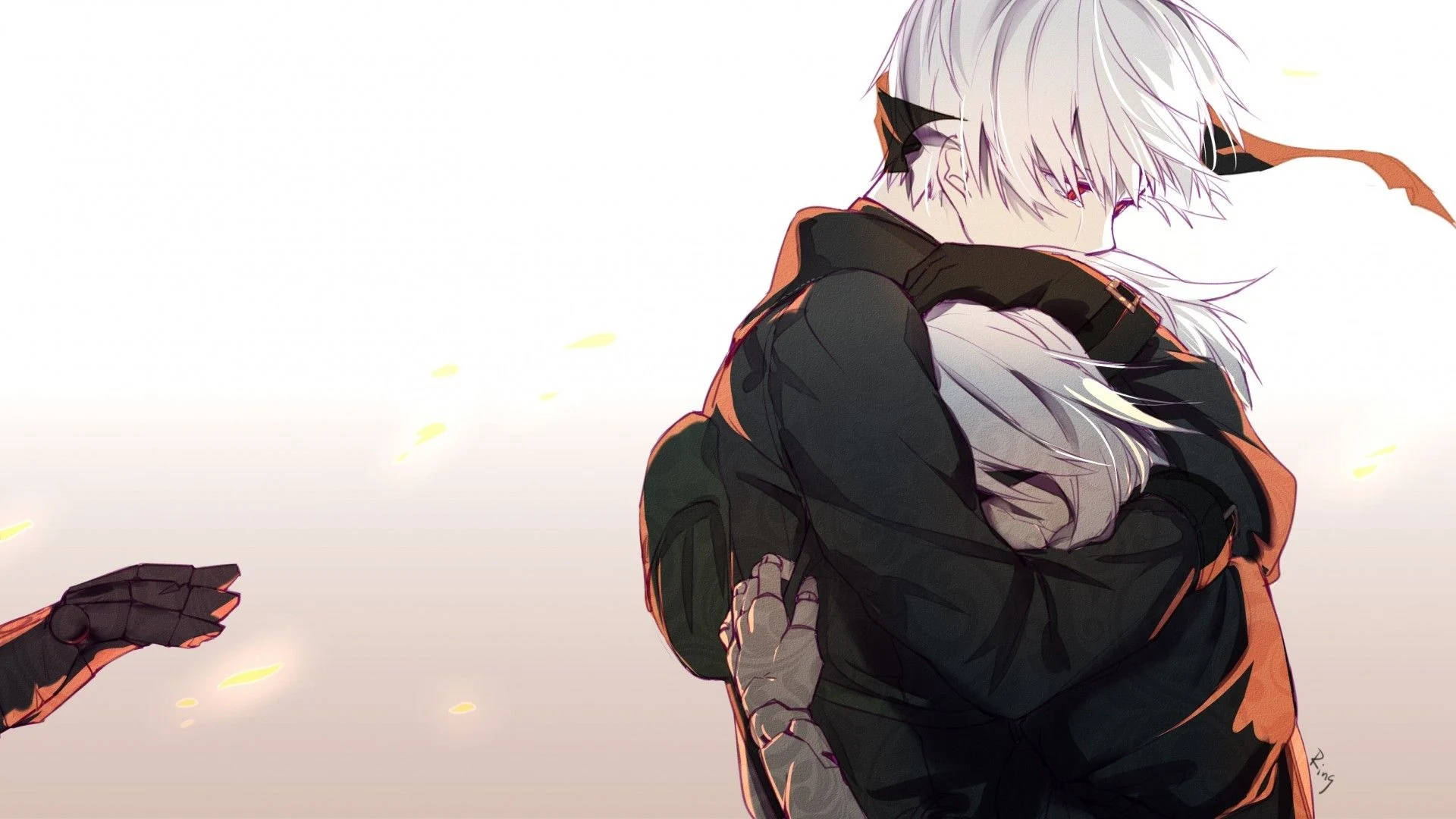 Anime Hug Couple With White Hair Background