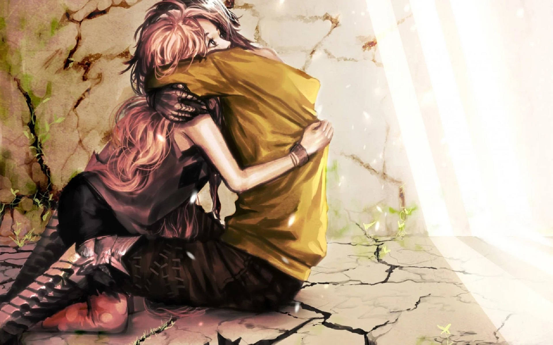 Anime Hug In Dried Soil Background