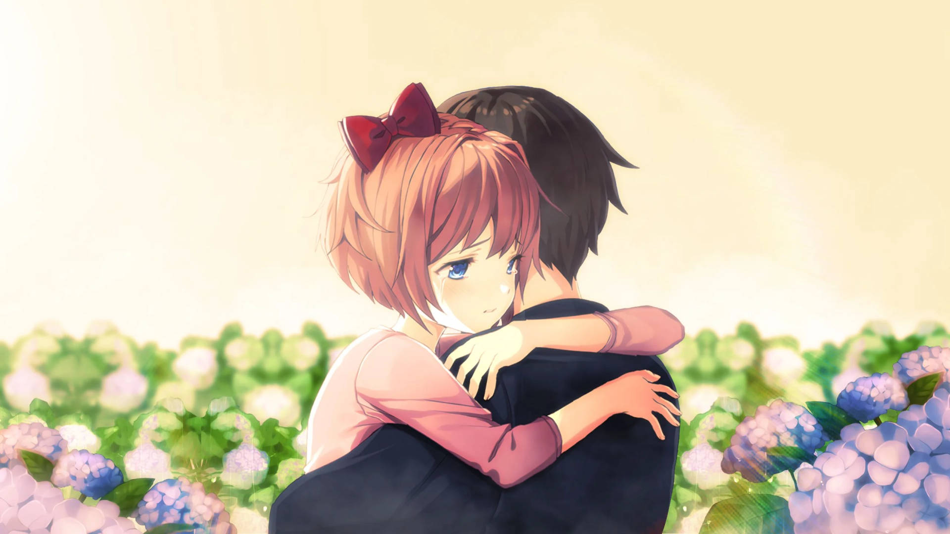 Anime Hug In Flower Garden Background