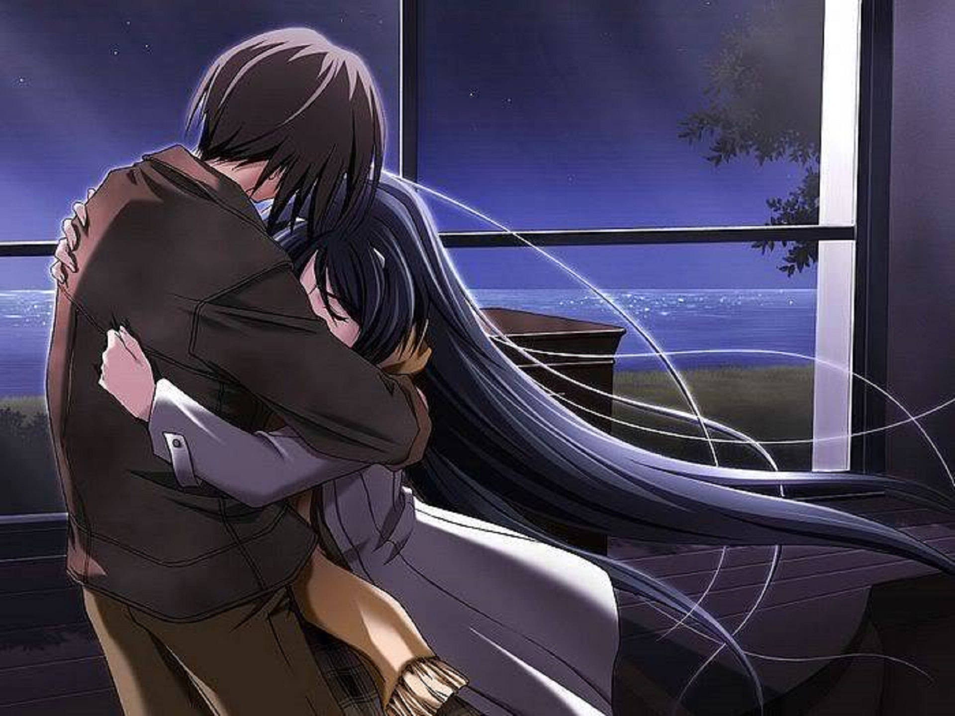 Anime Hug In Window Background