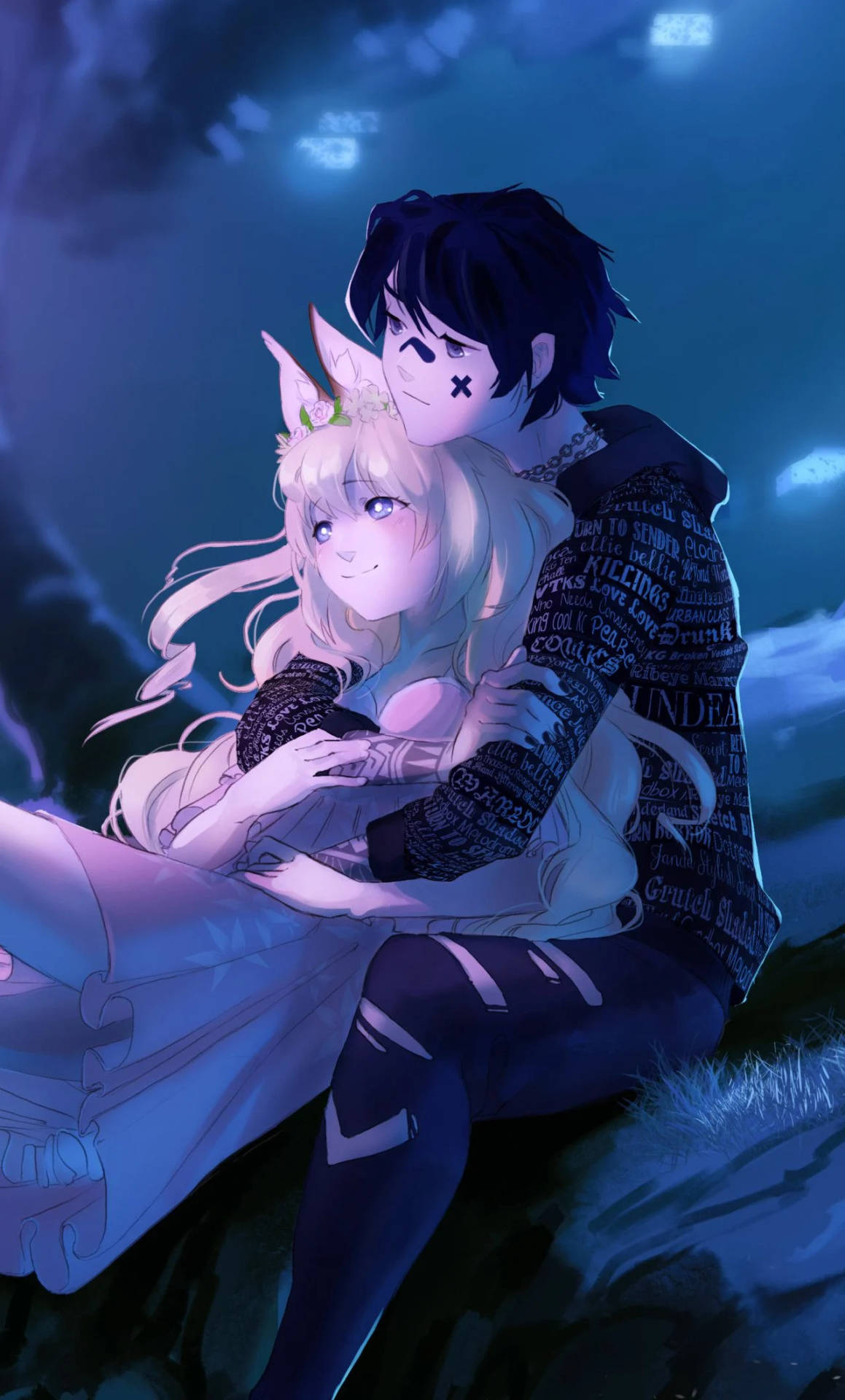 Anime Hug Under Night Sky Background