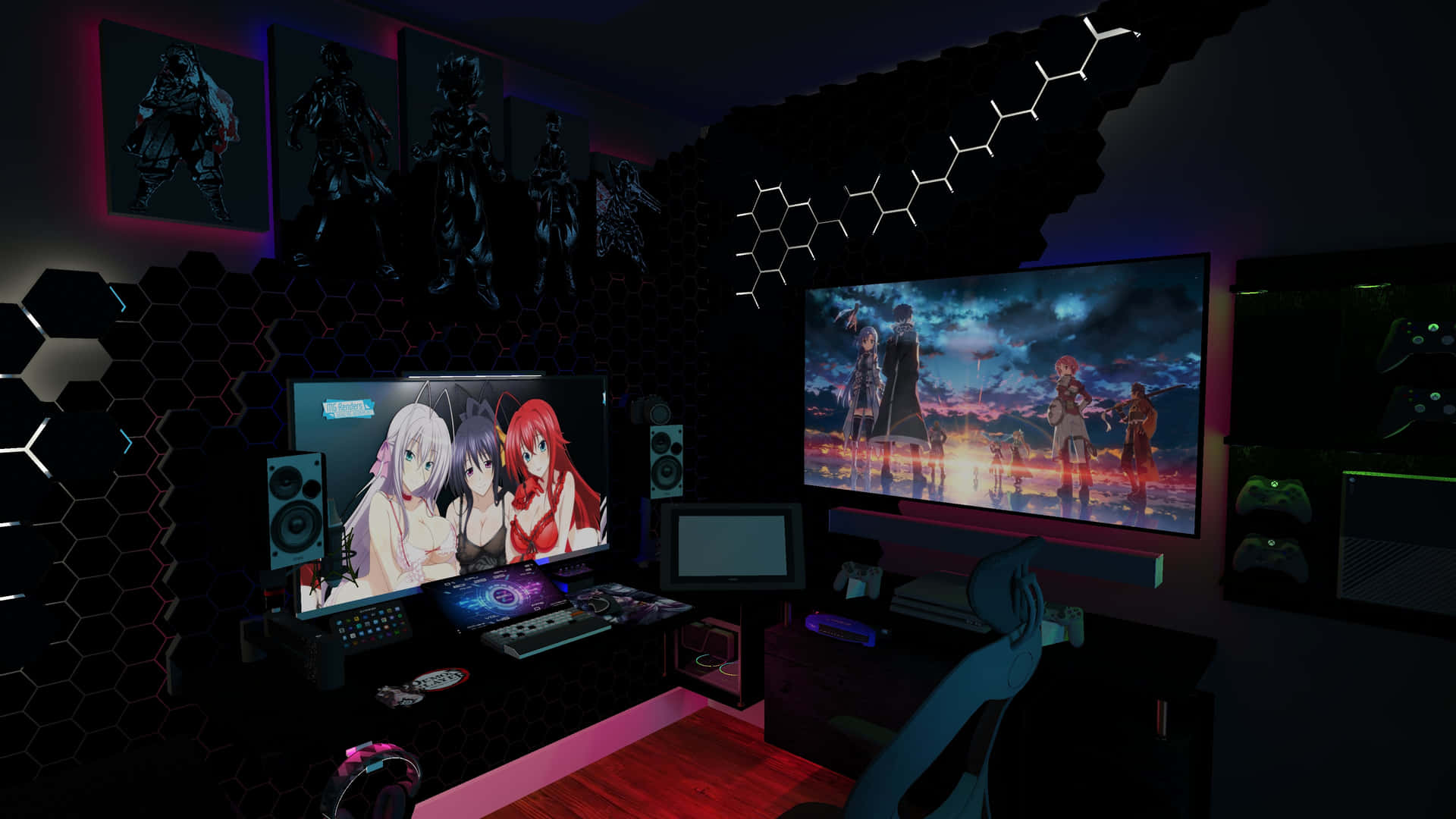 Anime Inspired Gaming Setup At Night Background