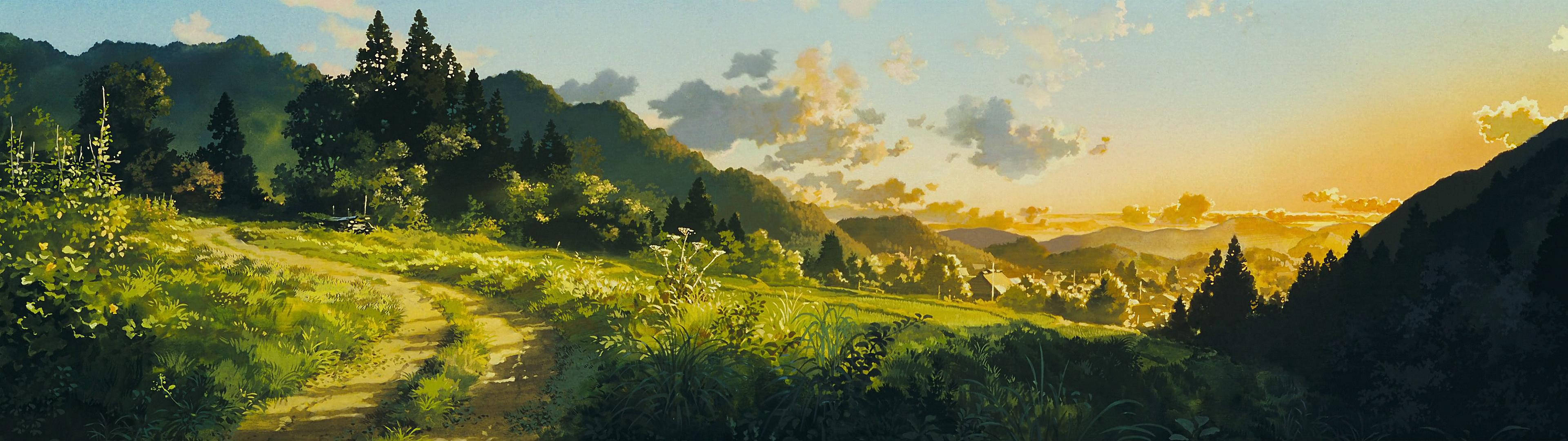 Anime Inspired Green Landscape, Perfect For Dual Monitor Wallpaper Background