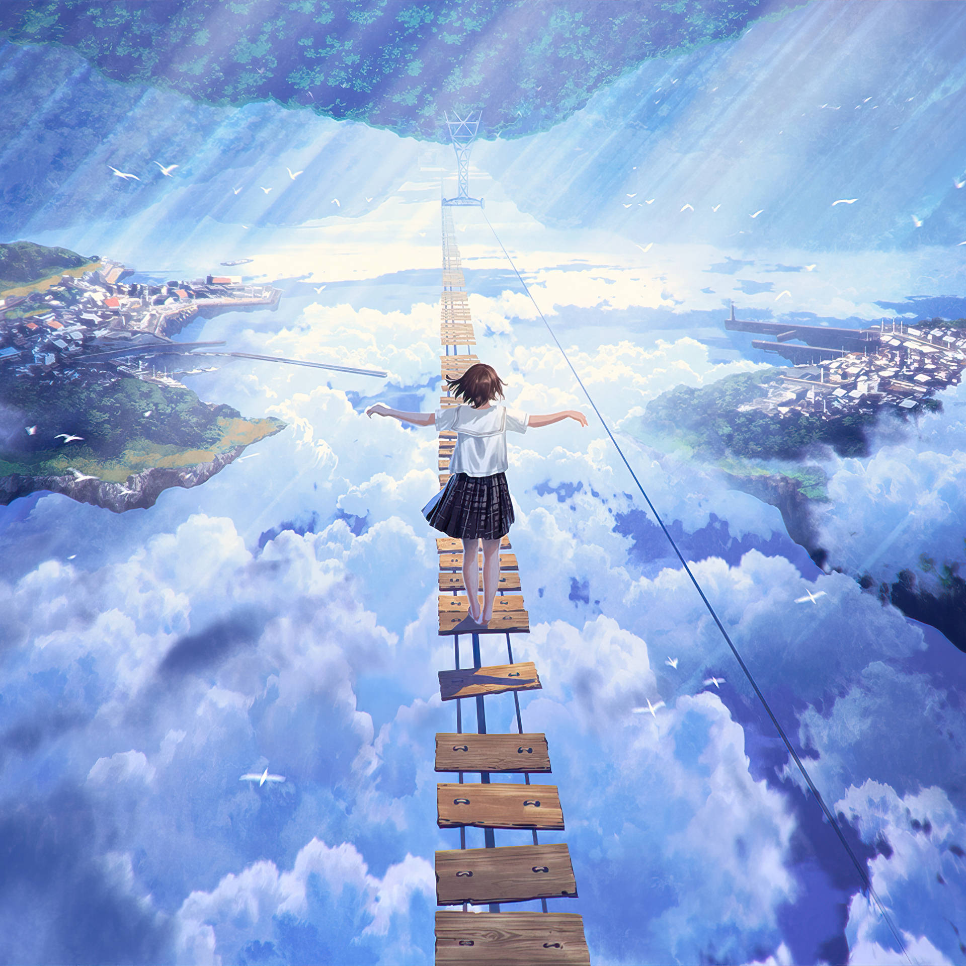 Anime Ipad Girl Walking On Bridge Background
