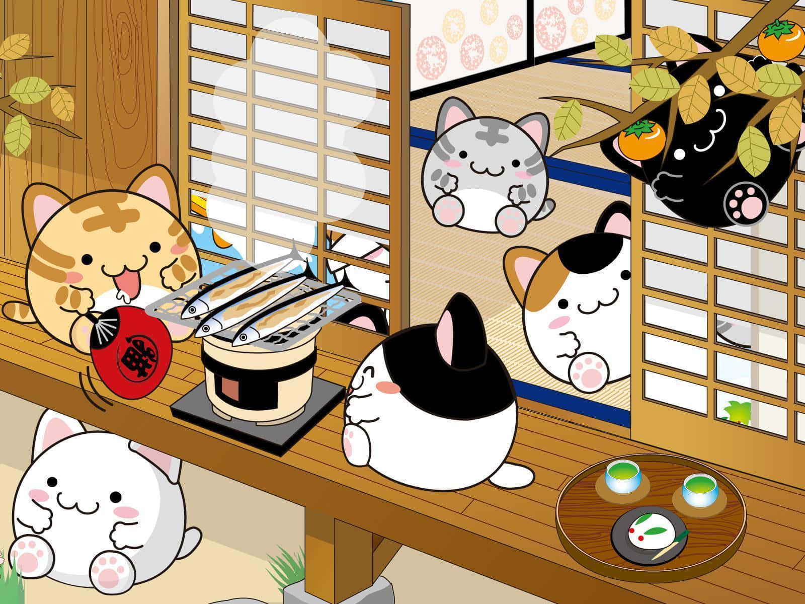 Anime Kawaii Cats Thanksgiving Background