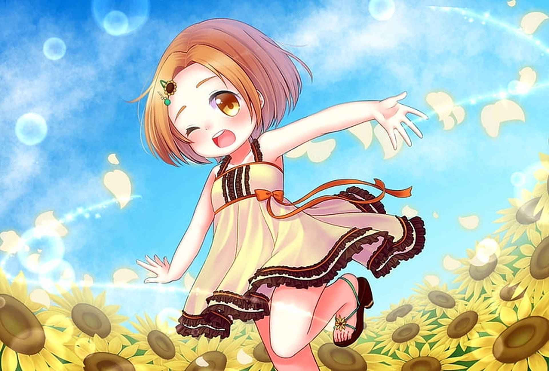 Anime Kid In Sunflower Field Background