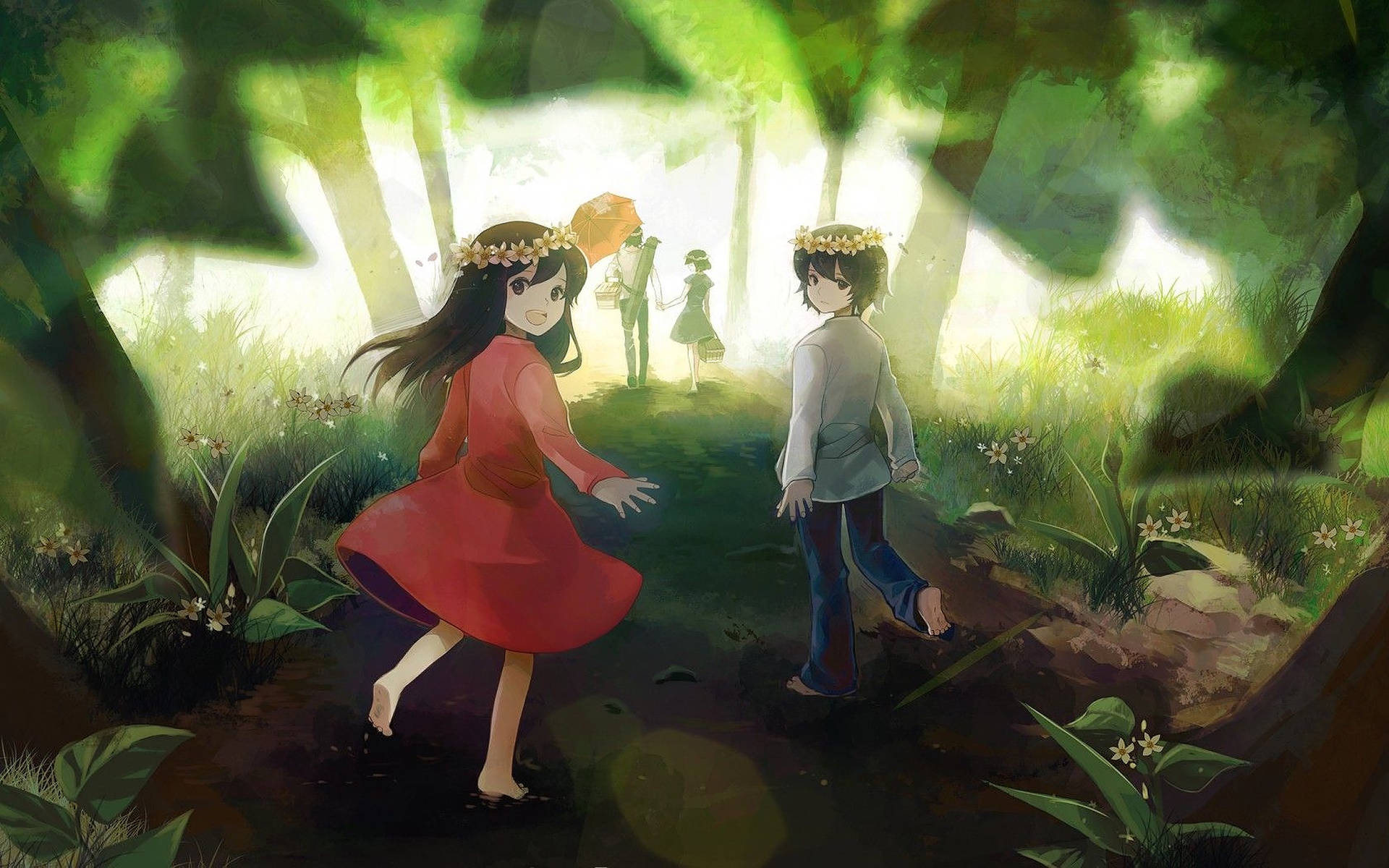 Anime Kids In The Forest Background