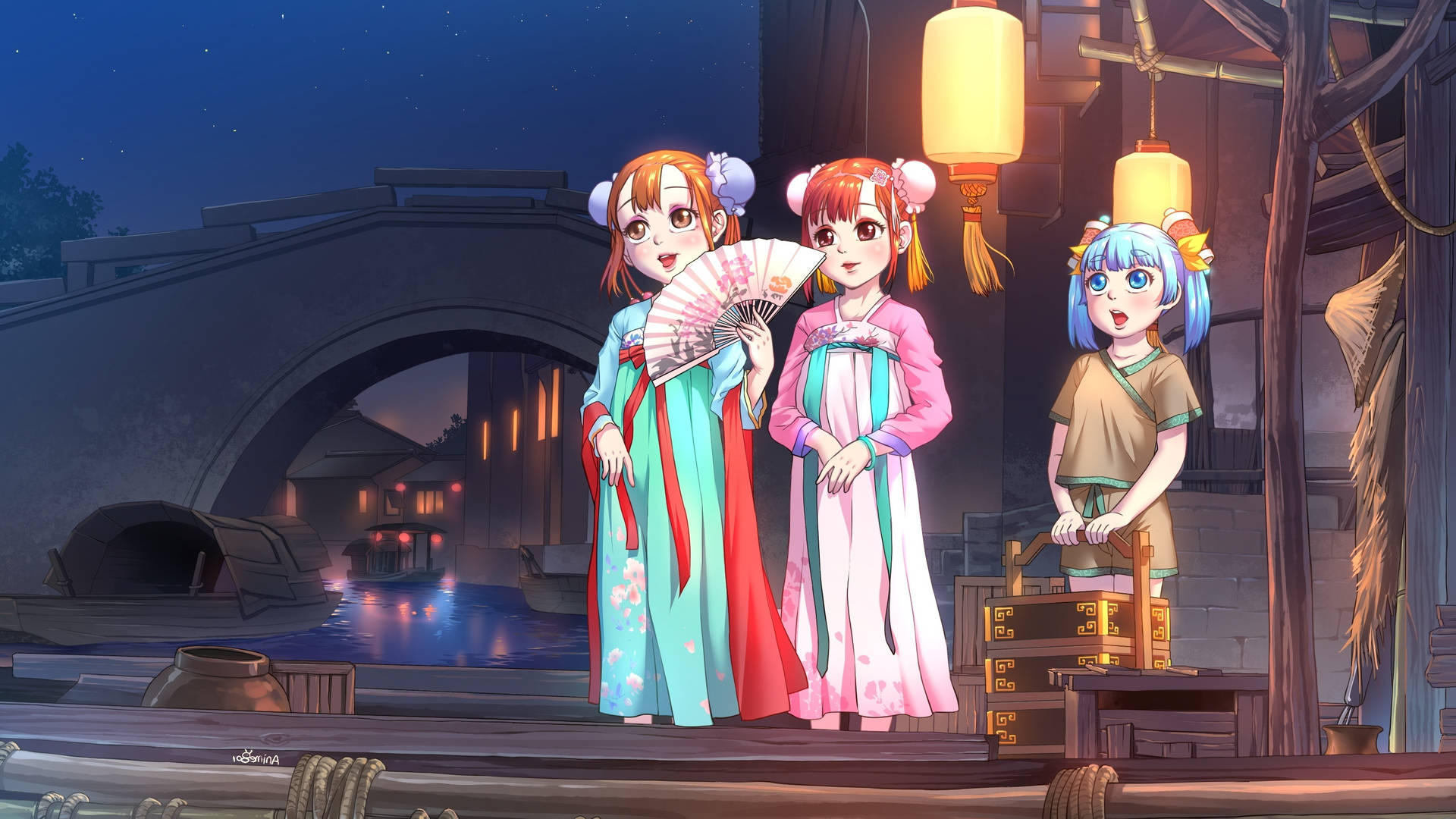 Anime Kids Wearing Kimono Background