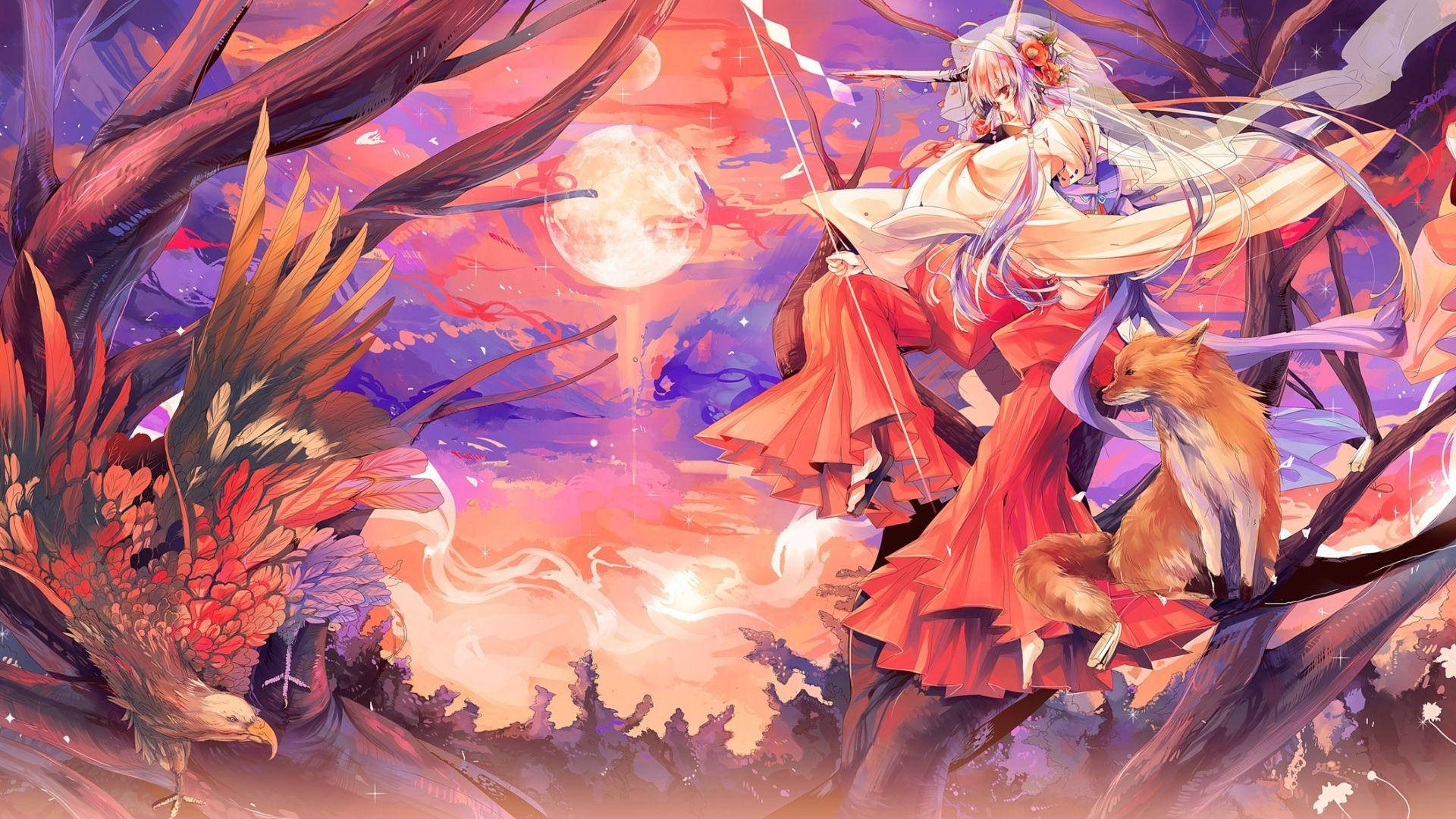 Anime Kitsune Hitting An Eagle Background