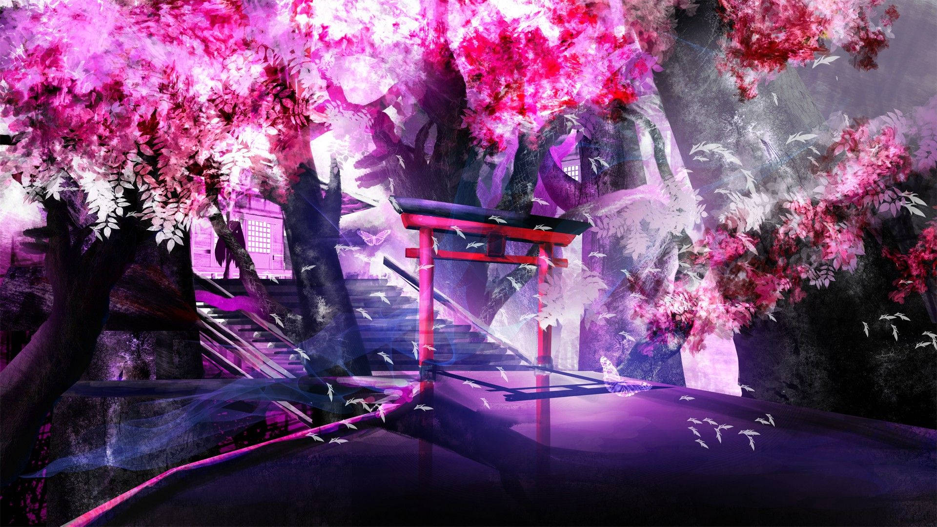 Anime Landscape Cherry Blossom Trees Background