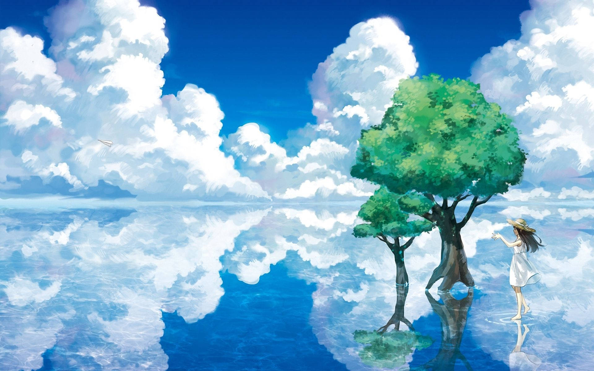 Anime Landscape Mirroring Lake Background