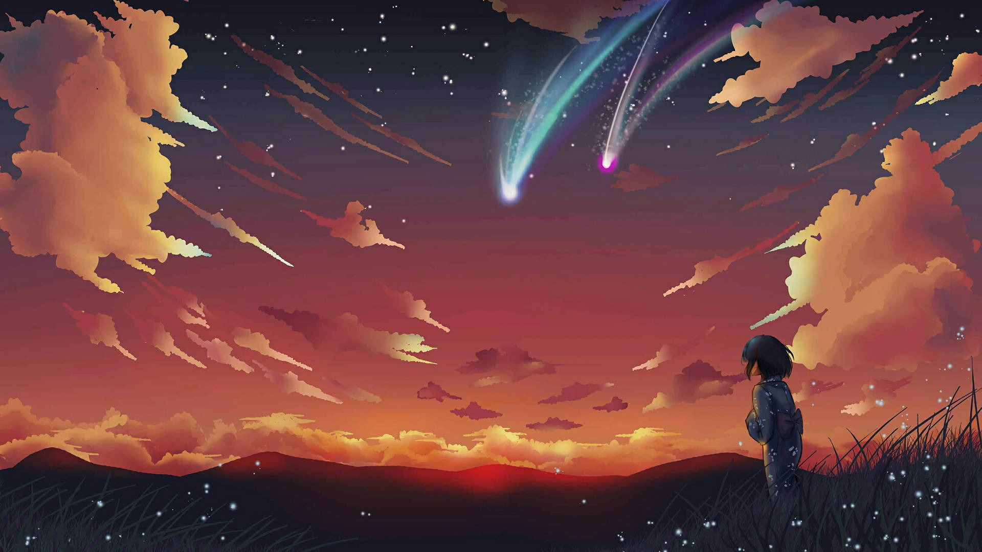 Anime Landscape Shooting Stars Background