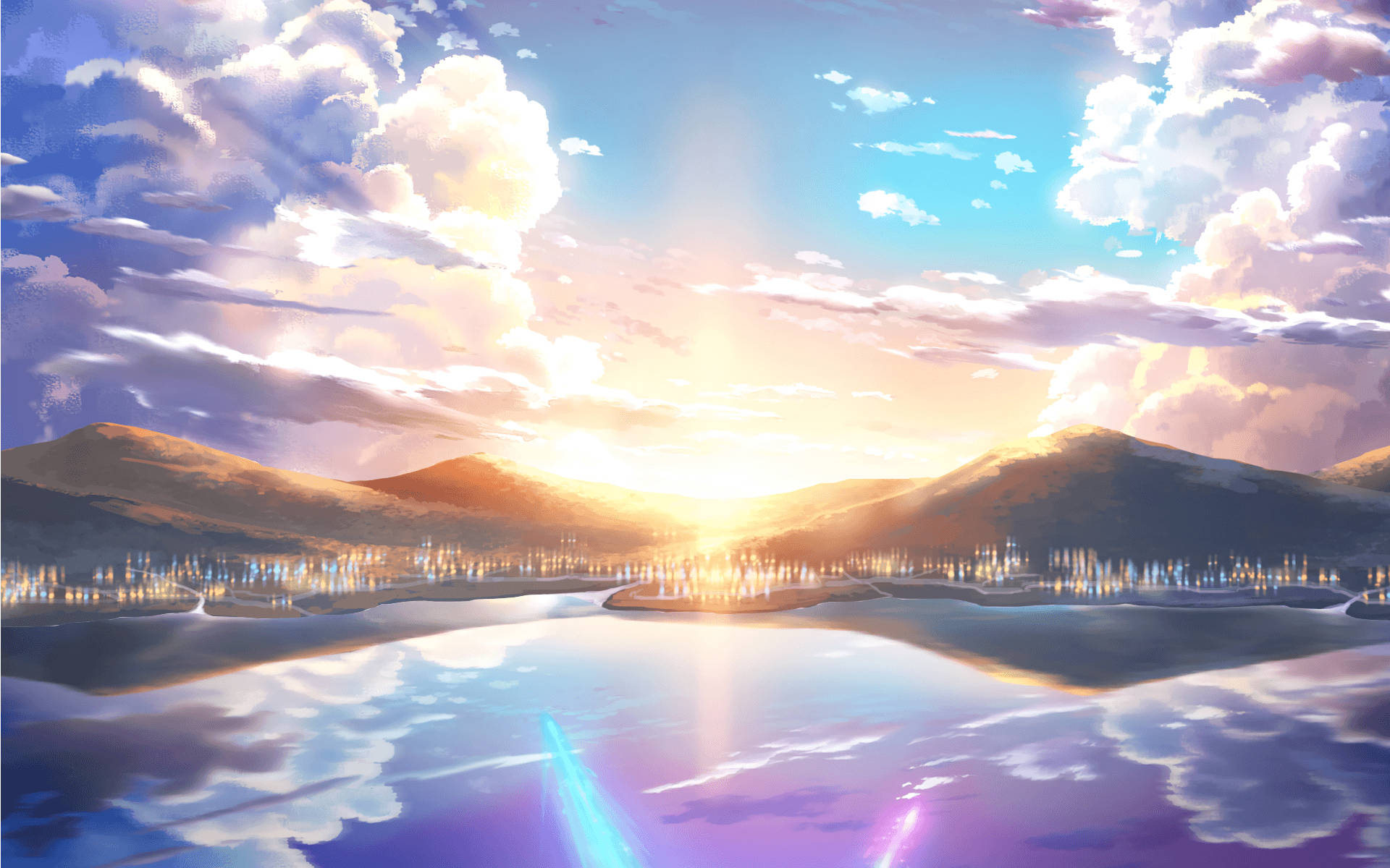 Anime Landscape Sunrise On Mountains Background