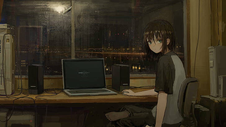 Anime Laptop By The Raining Cityscape Background