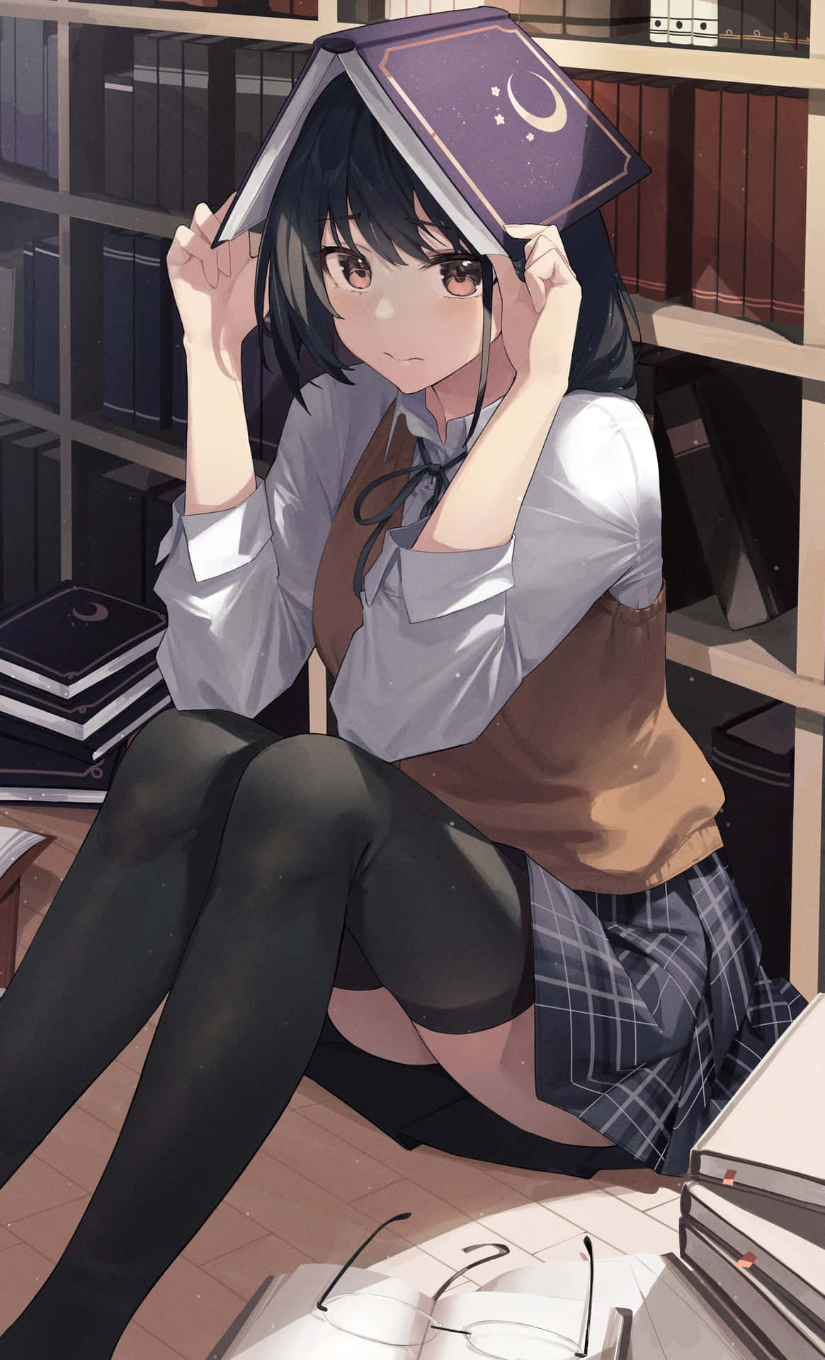 Anime Library Girl In Thigh Highs Background