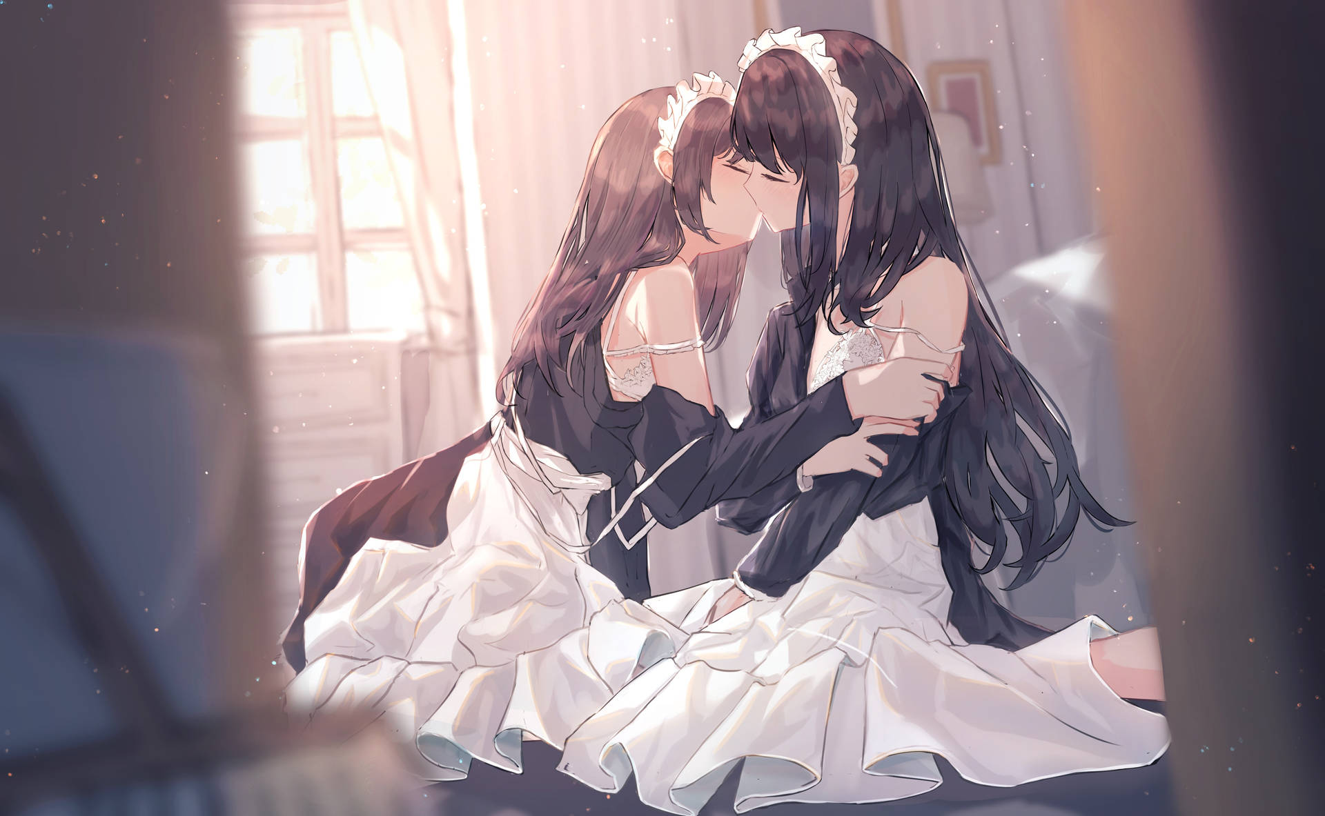 Anime Maid Women Kissing Background