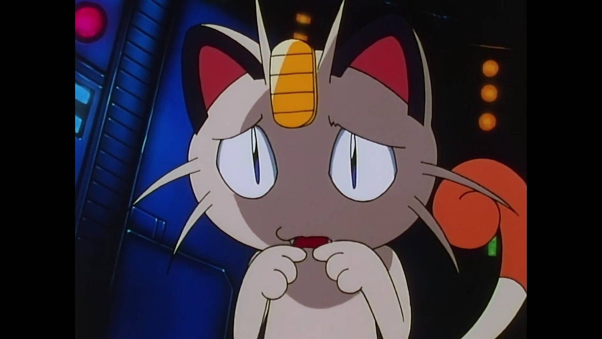 Anime Meowth Looking Sad Background