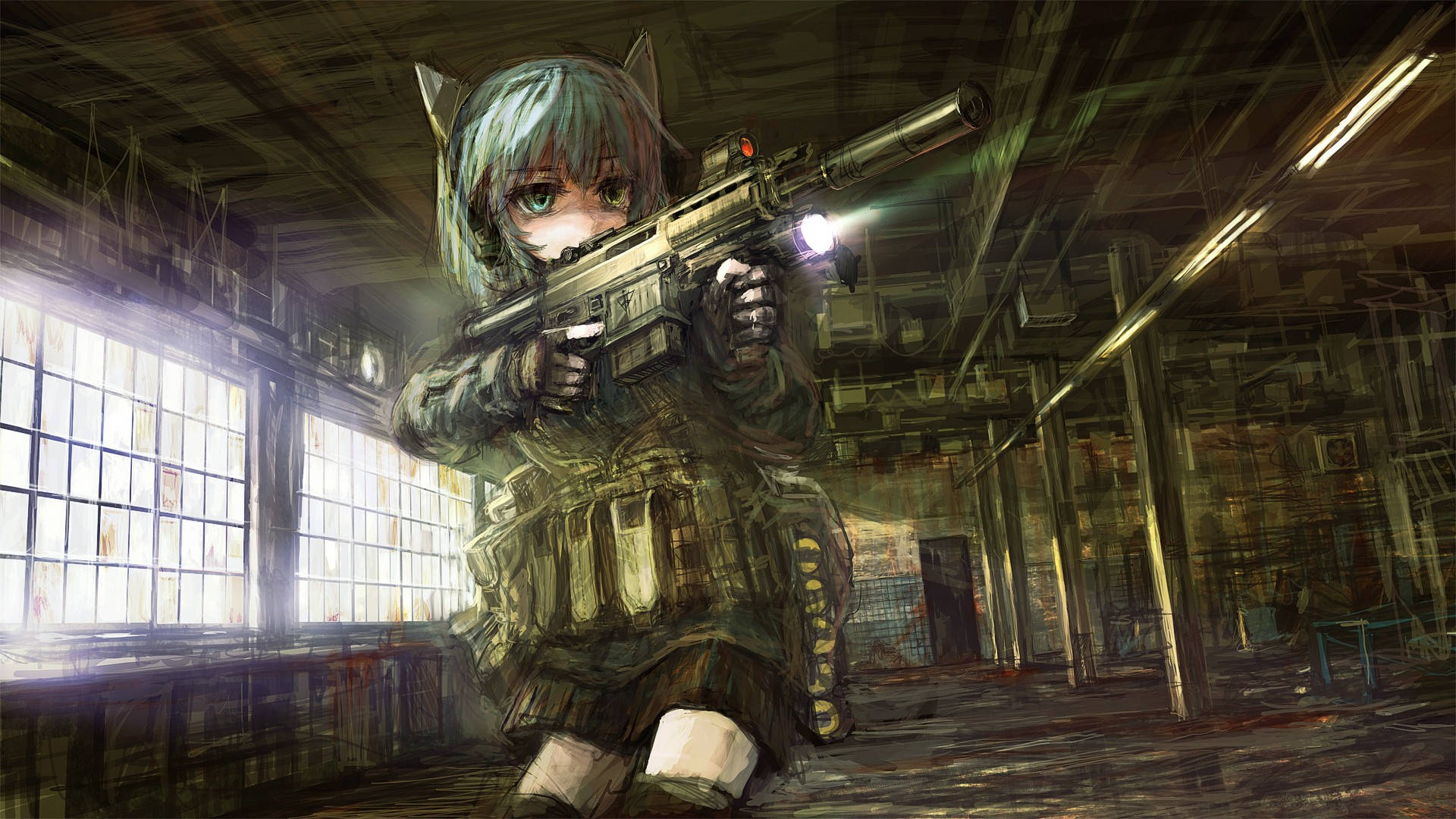 Anime Military Girl Shooting Background