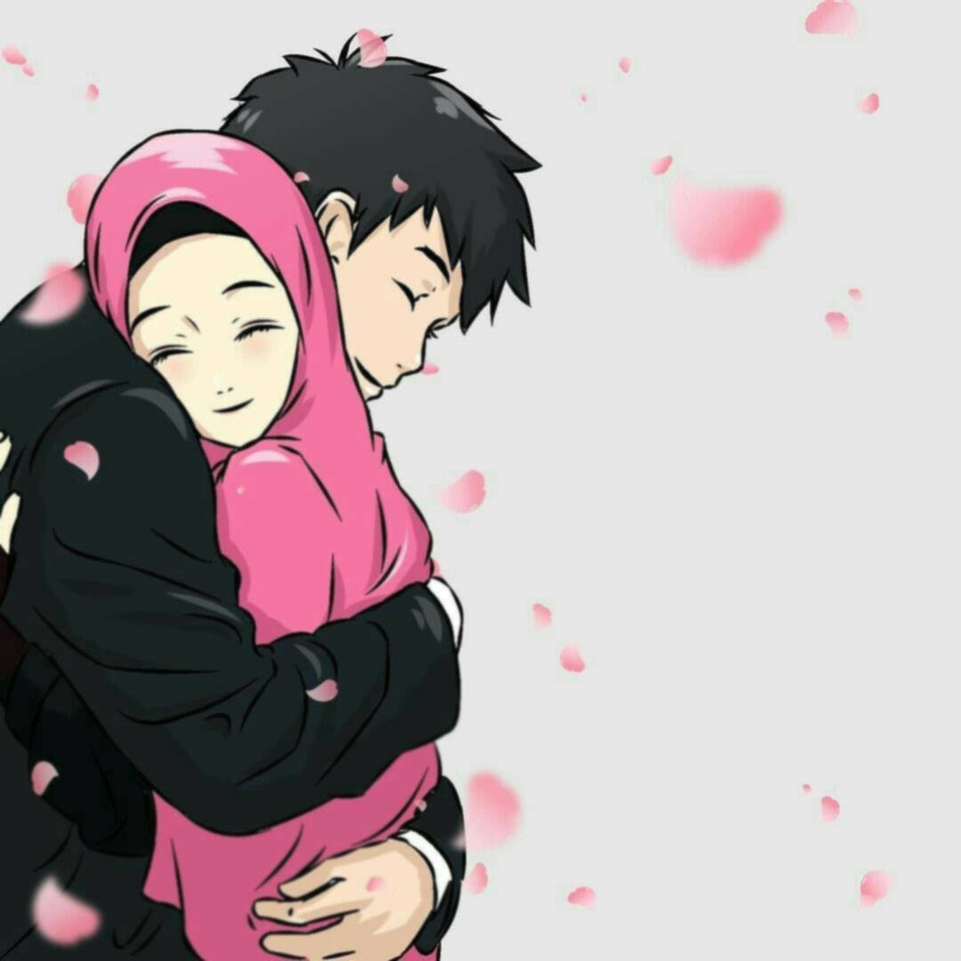 Anime Muslim Couple Hug Background