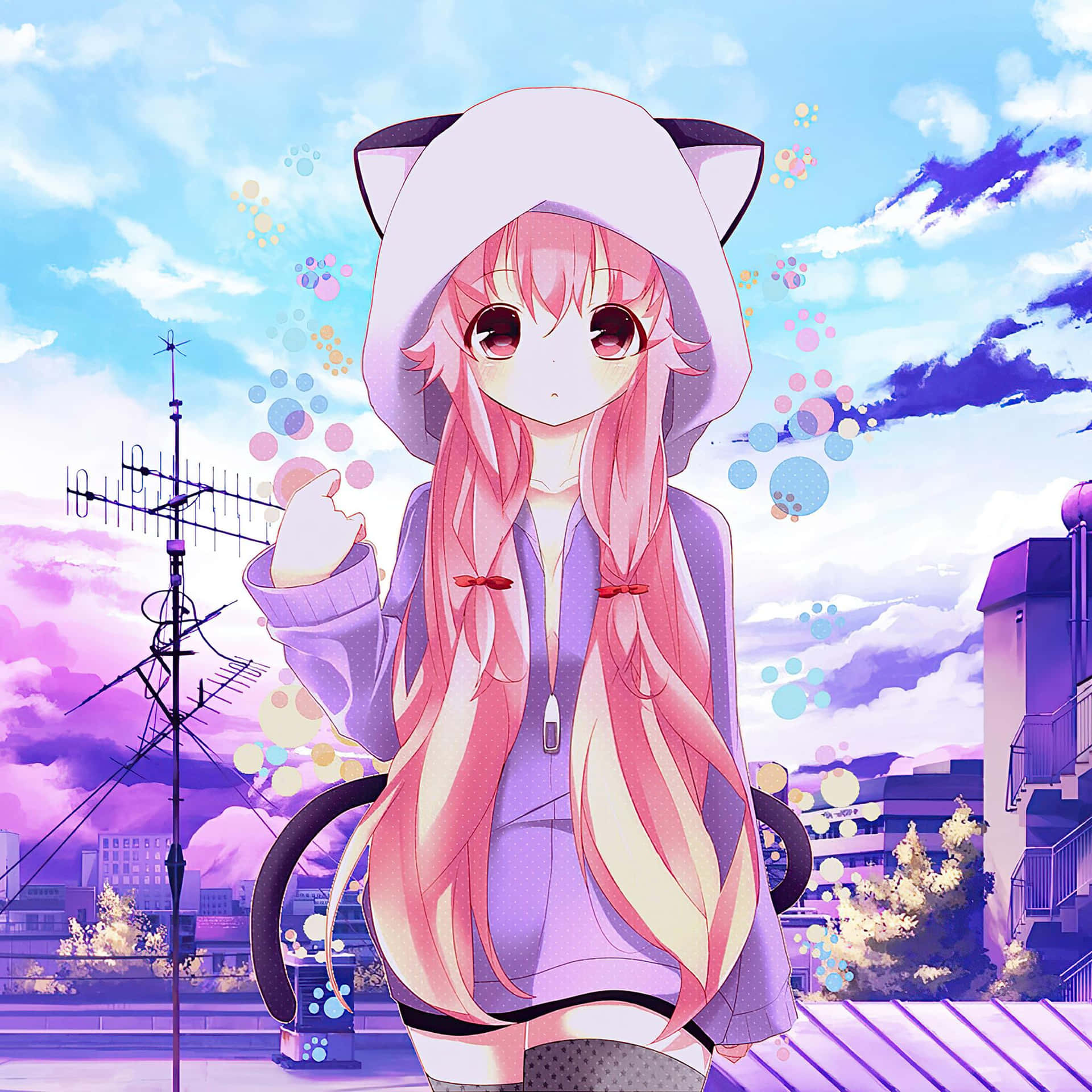 Anime Neko Girl Cityscape Bubble Play Background