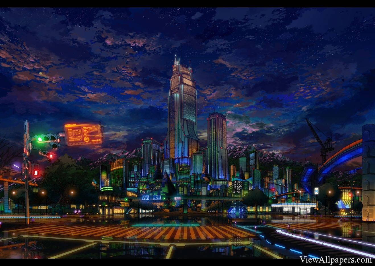 Anime Night City Tower Background