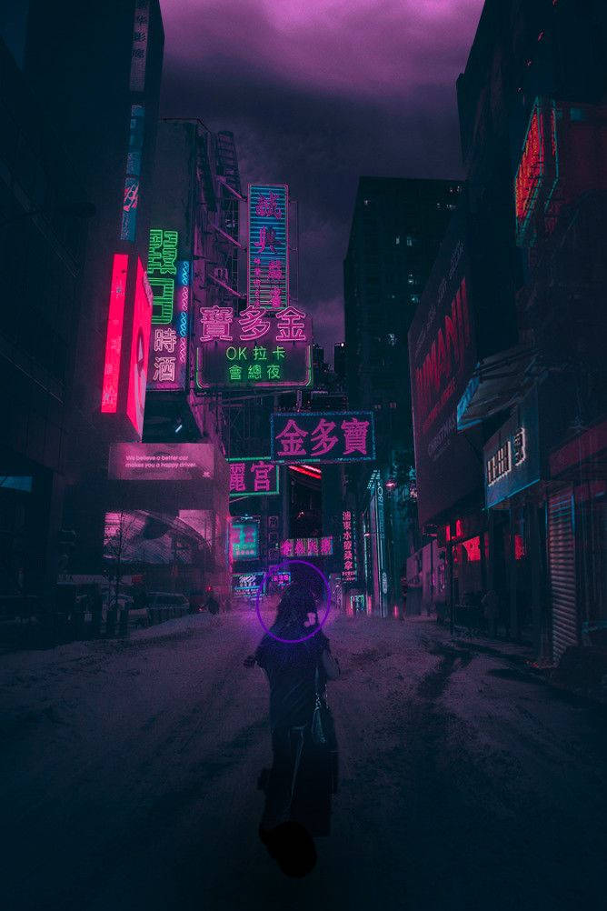 Anime Night City With Purple Sky Background