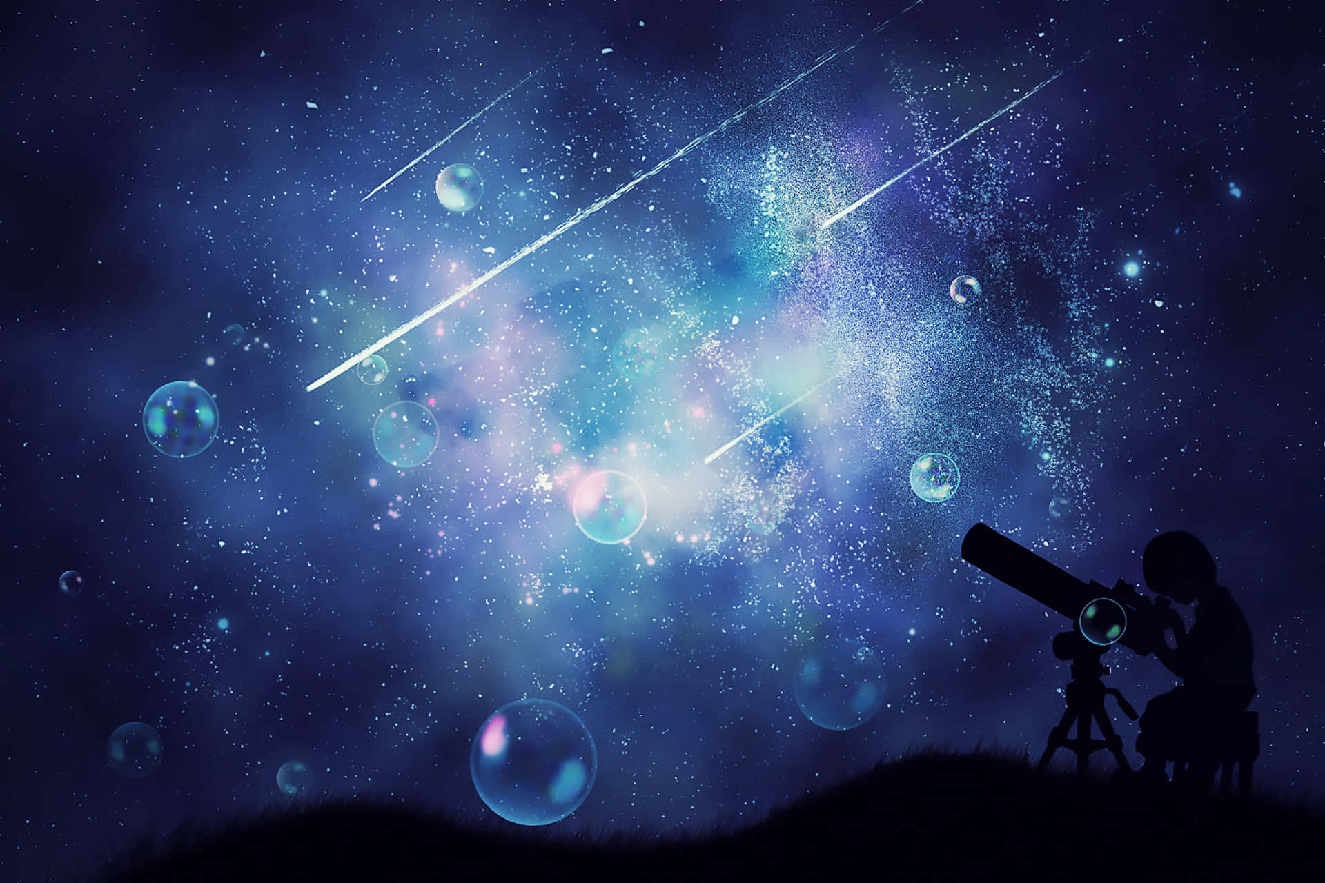 Anime Night Scenery Bubbles Background