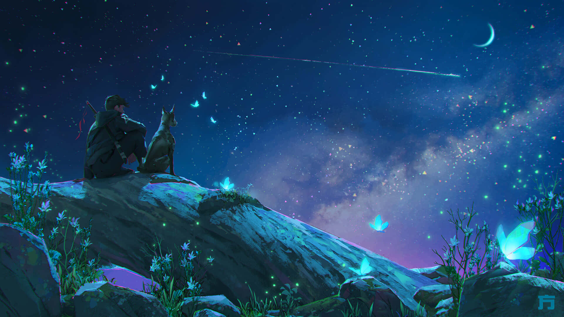 Anime Night Scenery Dog Background