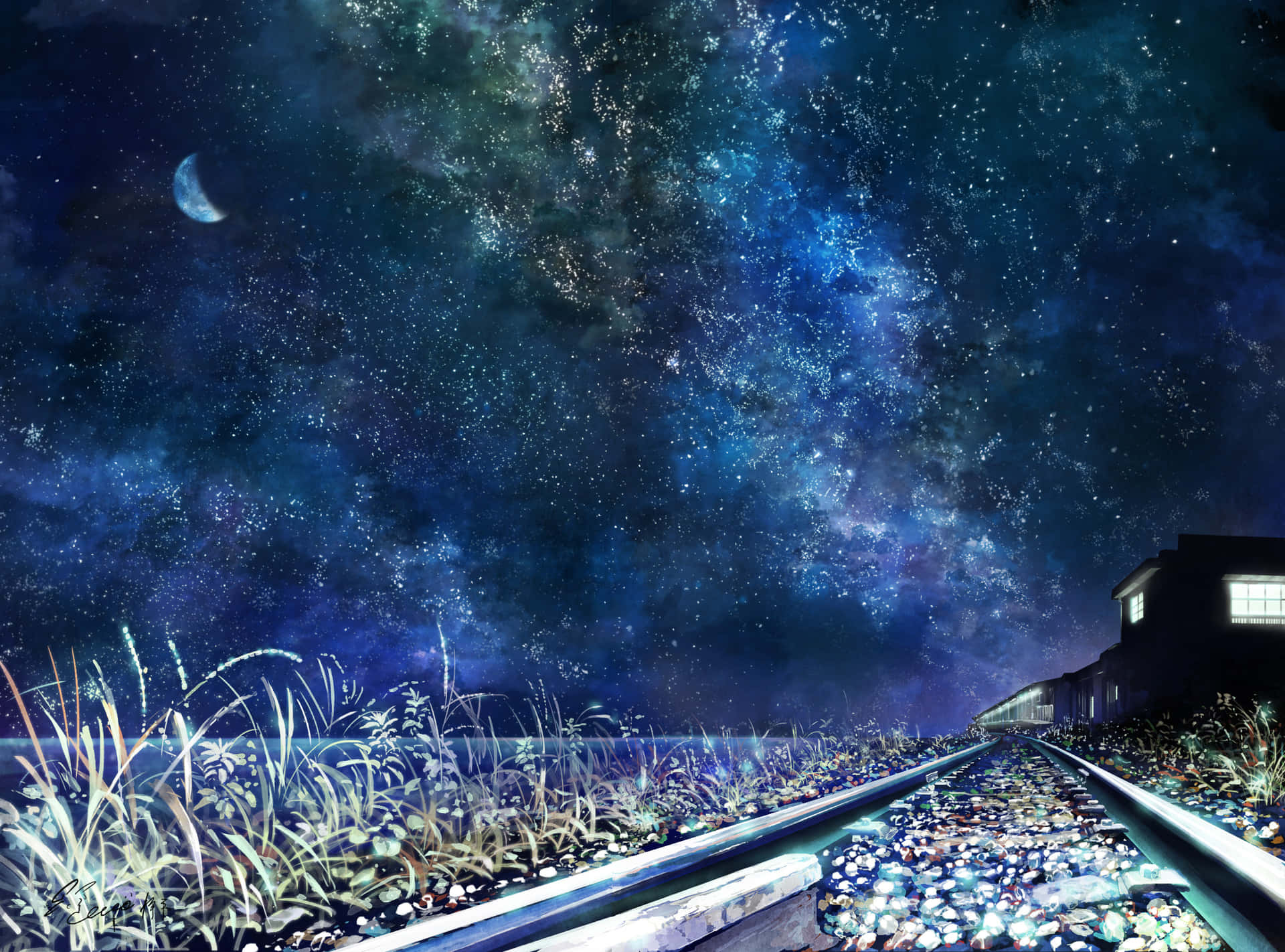 Anime Night Scenery Train Rail Background