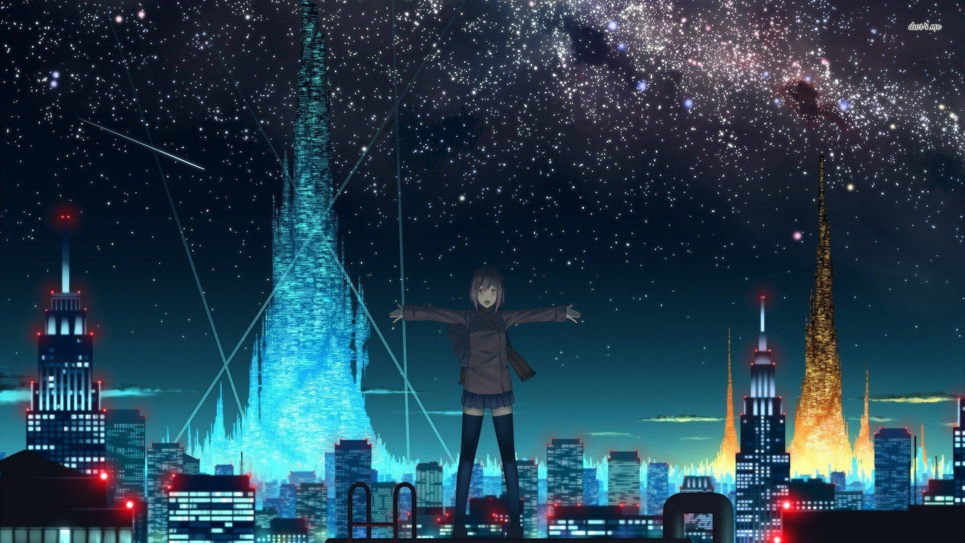 Anime Night Sky Girl In City